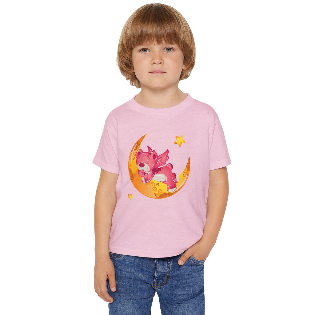 Cute Sleeping Pink Baby Dragon on Moon Toddler T-Shirt | Nursery Kids Tee | Soft Cotton Toddler Shirt
