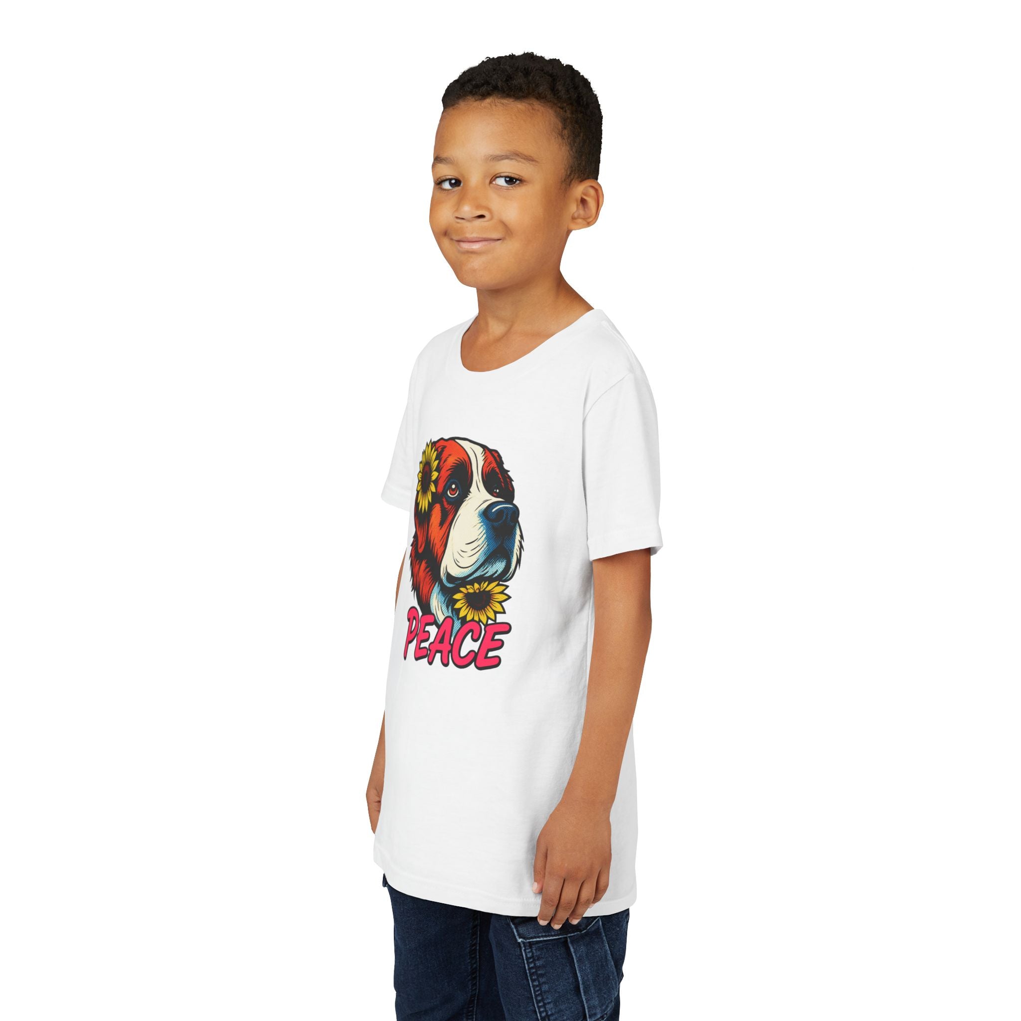 Youth Tee — Saint Bernard Dog with Sunflowers "Peace" Graphic