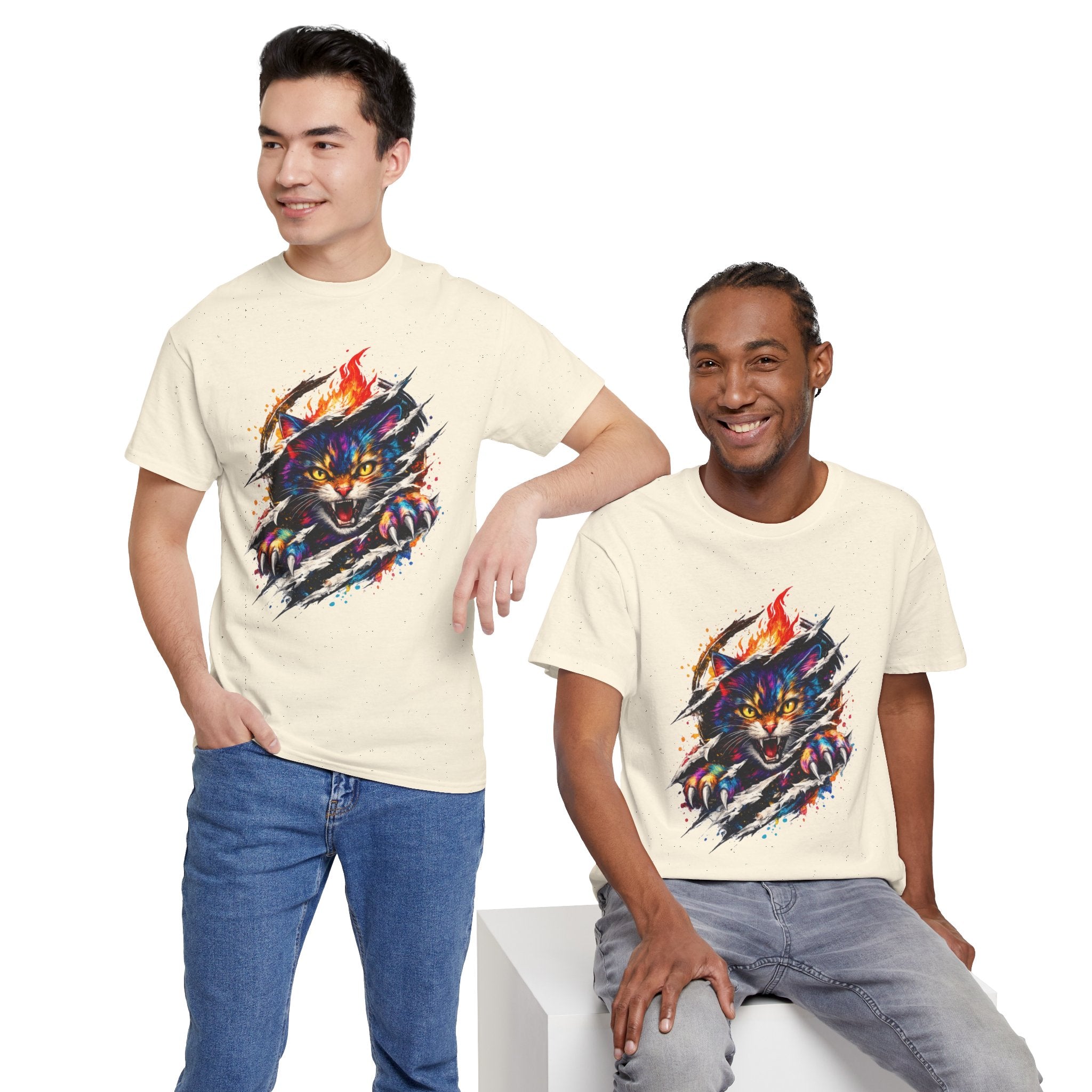 Colorful Angry Cat Rip Through Graphic Tee | Neon Cat T-Shirt | Unisex Streetwear Shirt | Fierce Cat Art | Gift for Cat Lovers
