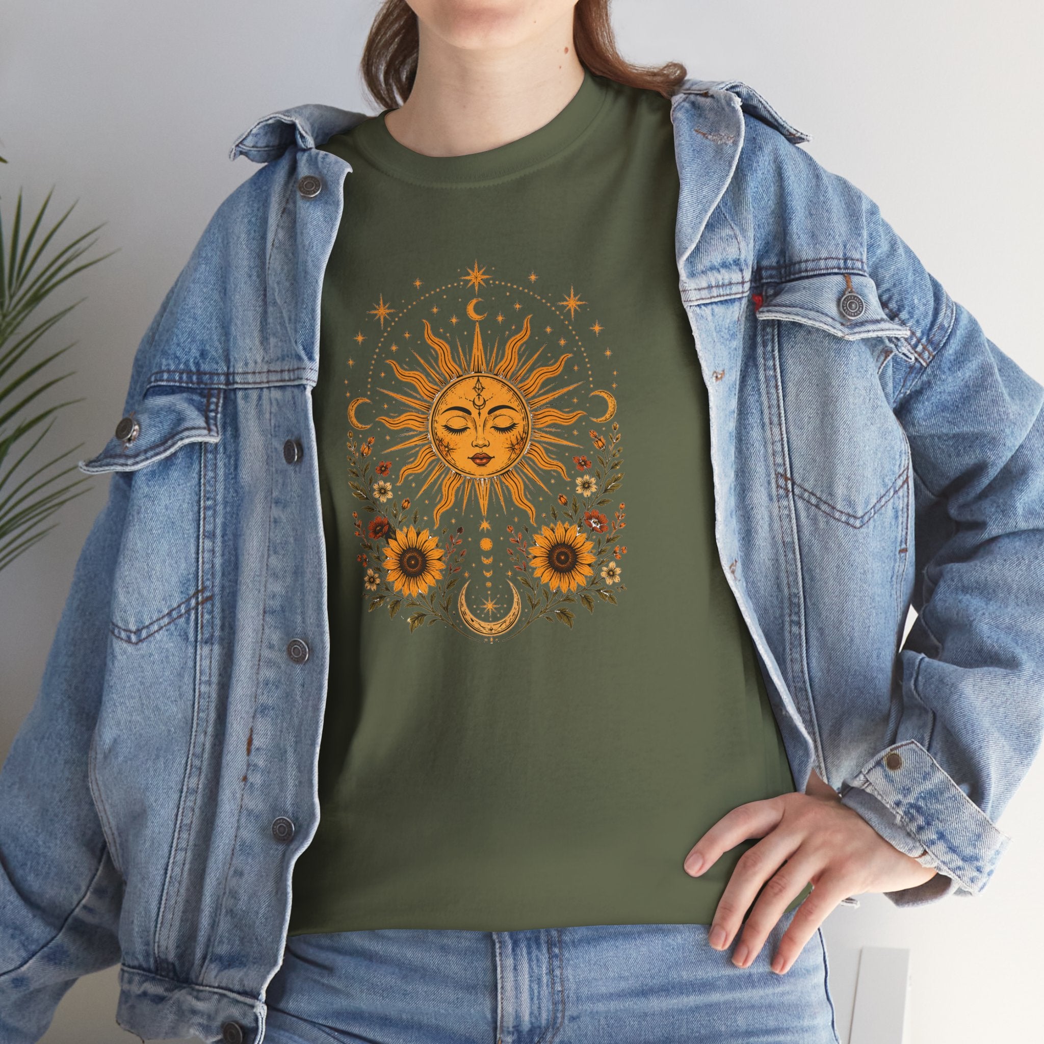 Sun & Sunflower Graphic T-Shirt, Boho Celestial Tee, Vintage Sun Shirt, Spiritual Aesthetic Top, Gift for Her