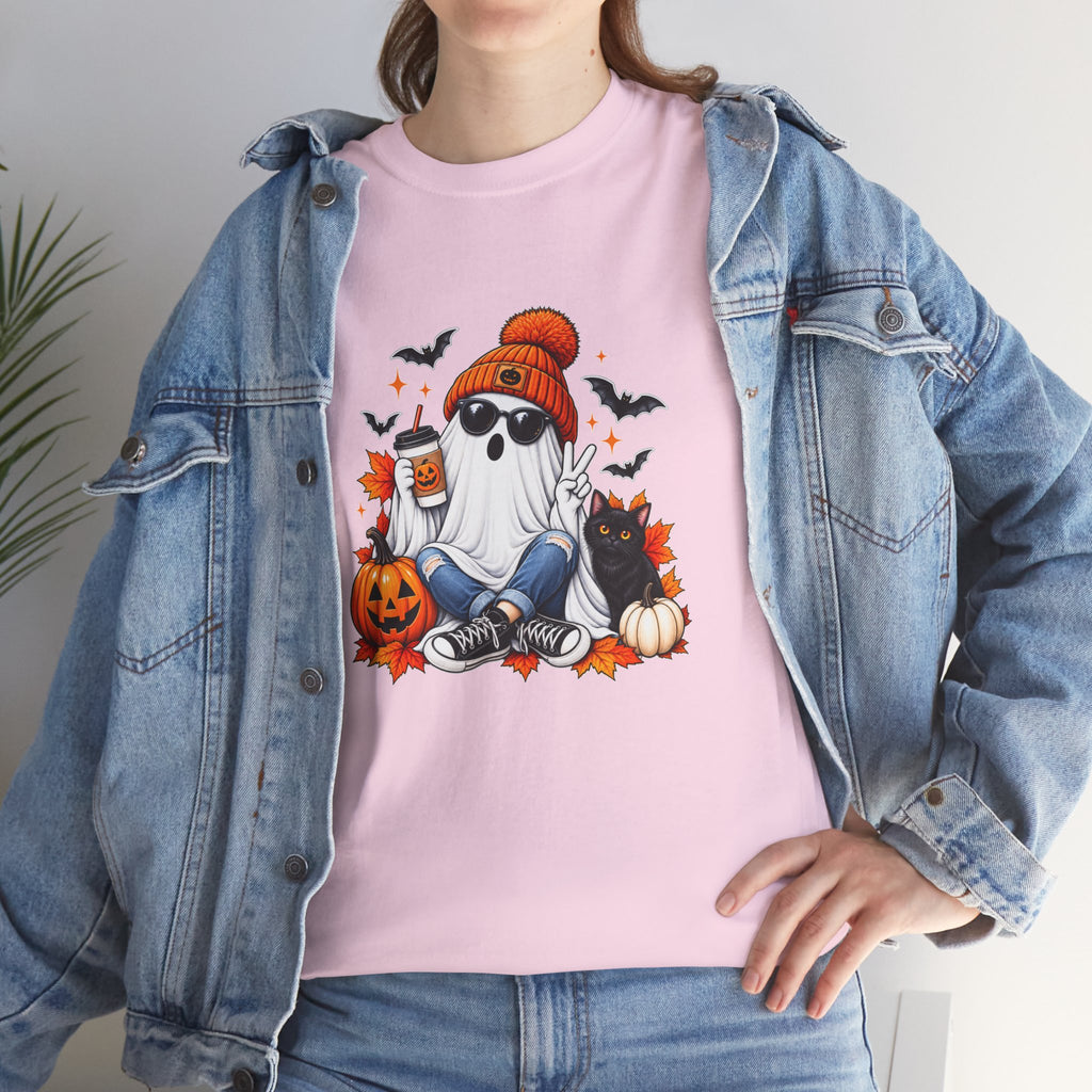 Halloween Ghost T-Shirt, Cute Spooky Pumpkin Cat Tee, Cozy Fall Coffee Graphic Shirt, Halloween Gift for Her
