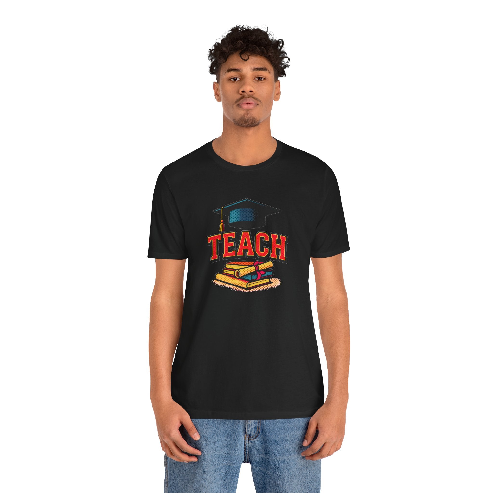 Teach Graduation T‑Shirt — Teacher Gift Tee with Cap & Books Design
