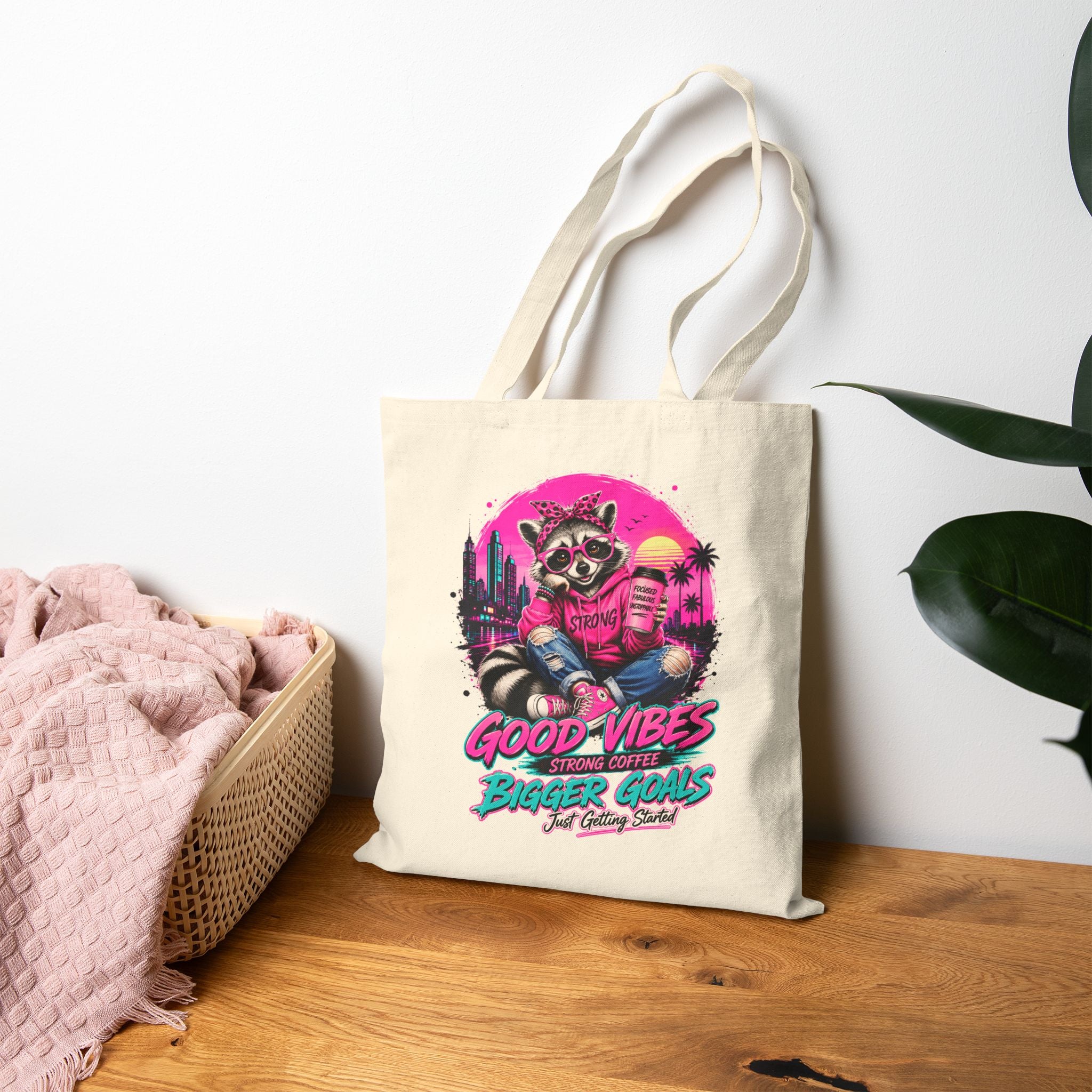 Cute Raccoon Tote Bag, Coffee Lover Gift, Good Vibes Bigger Goals Bag, Funny Reusable Grocery Tote, Aesthetic Canvas Style Shoulder Bag