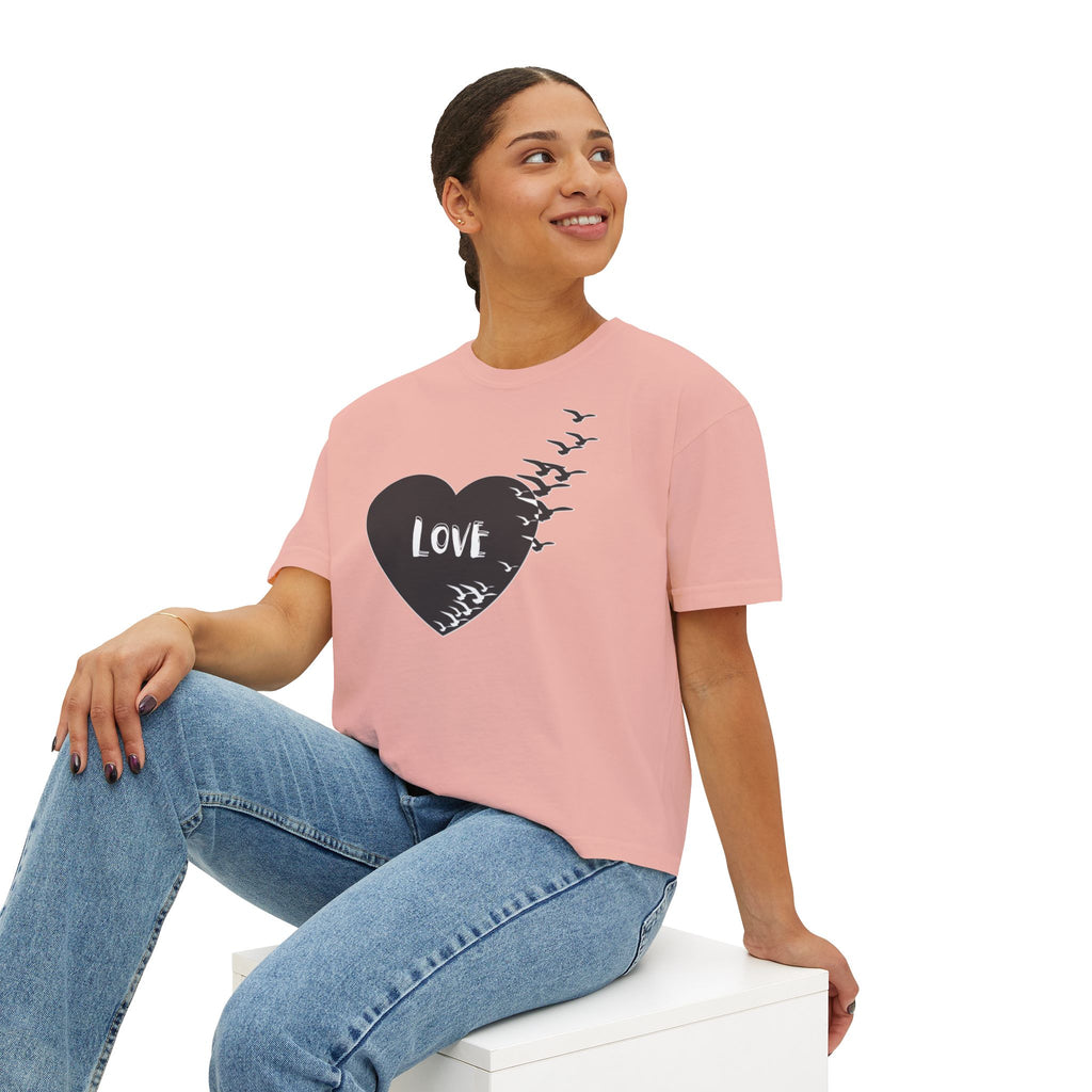 Love Bird Heart Boxy Tee — Women's Casual Graphic Shirt