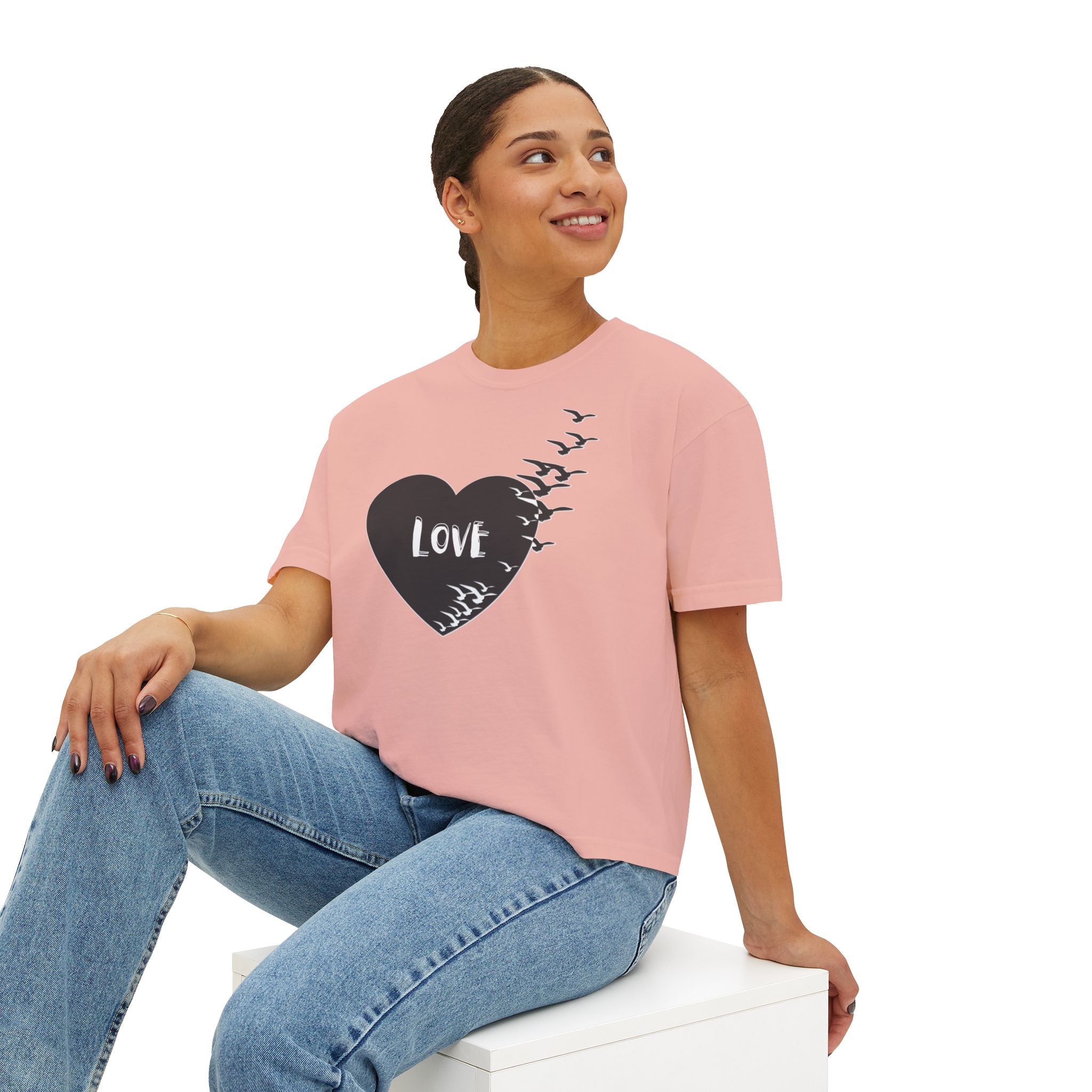 Love Bird Heart Boxy Tee — Women's Casual Graphic Shirt