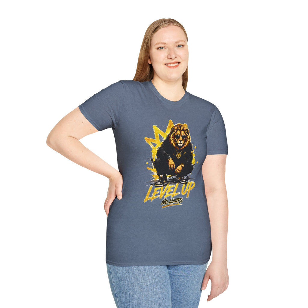 Lion 'Level Up No Limits' T-Shirt — Motivational Graphic Tee for Ambitious Souls