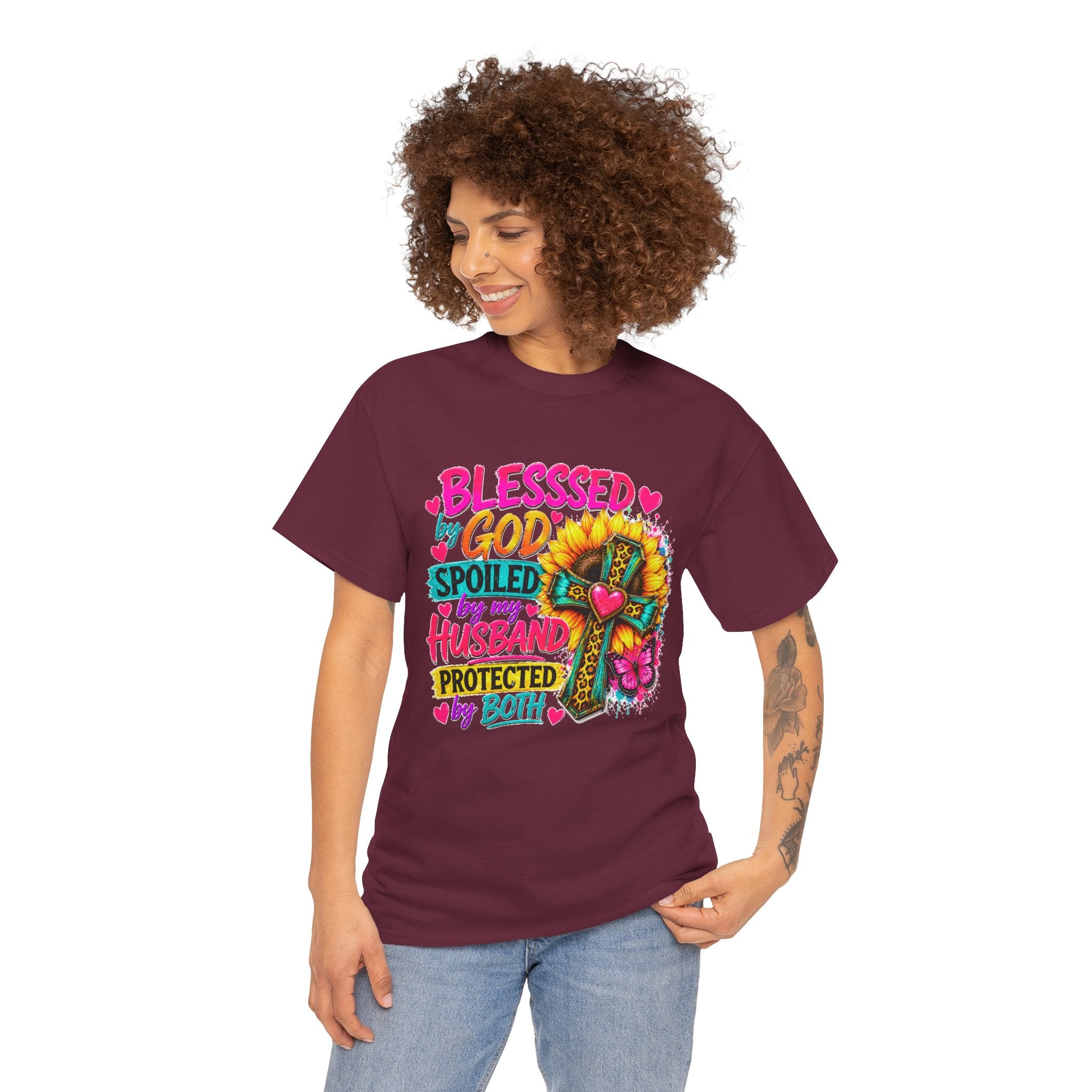 Blessed by God Spoiled by My Husband Tee — Christian Cross Floral Women's Shirt