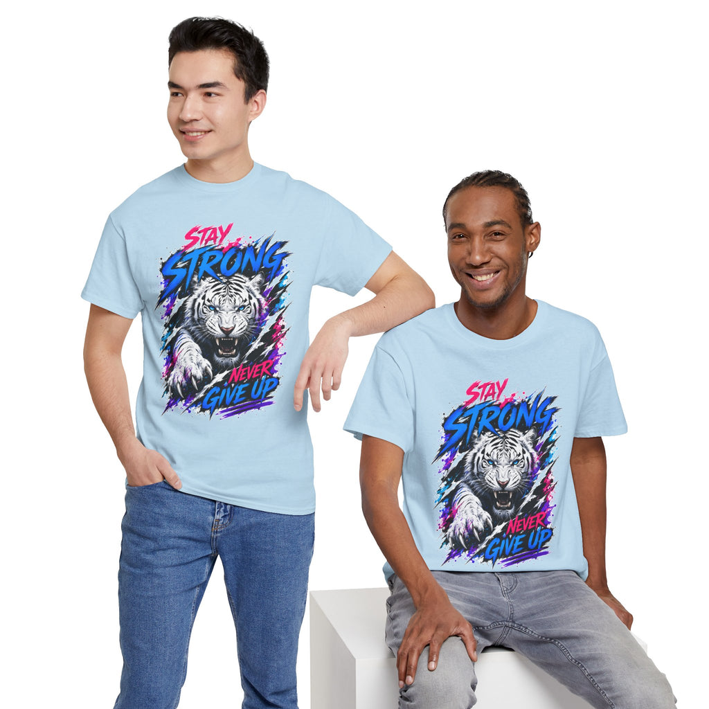 Stay Strong Never Give Up Tiger T-Shirt | White Tiger Graphic Tee | Motivational Unisex Shirt | Inspirational Animal Tee | Gift for Tiger Lovers