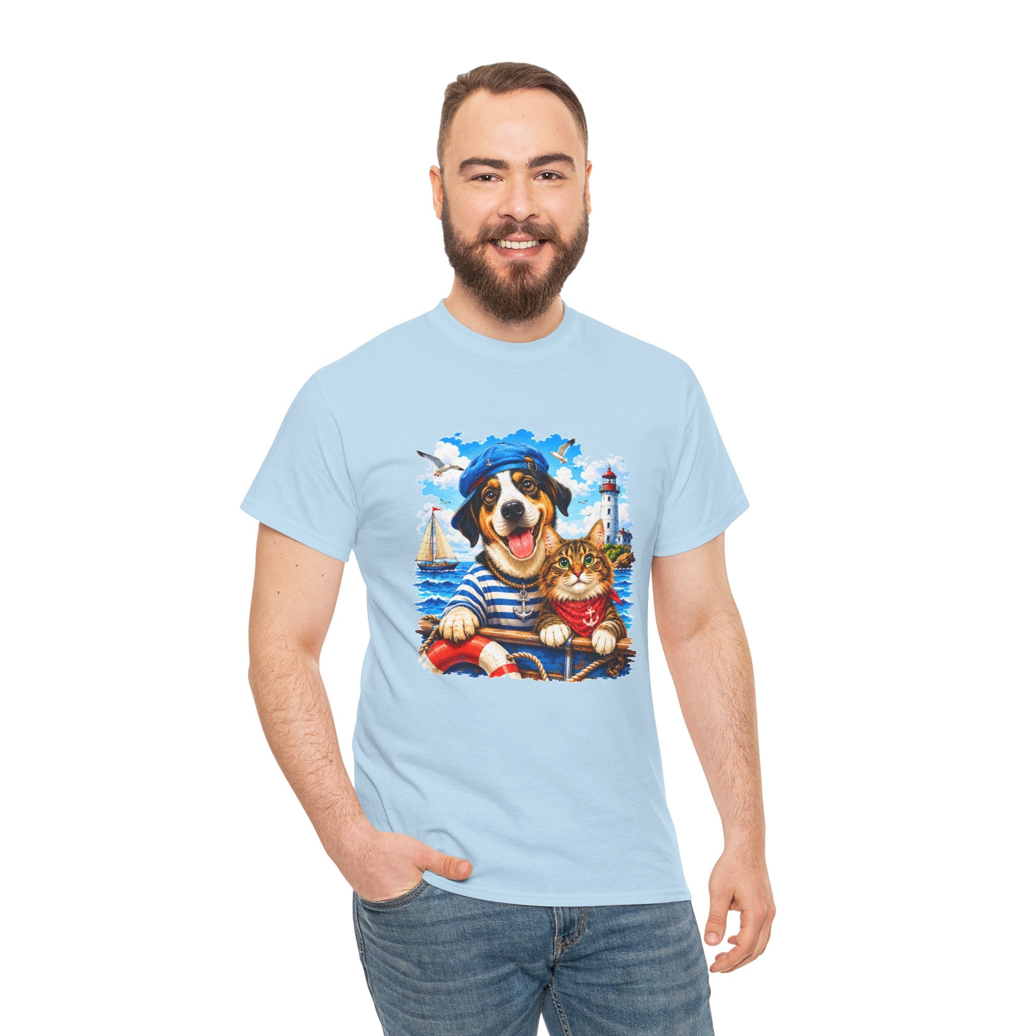 Nautical Dog & Cat T-Shirt | Sailor Pet Graphic Tee | Coastal Animal Lover Shirt | Beach Dog Cat Gift