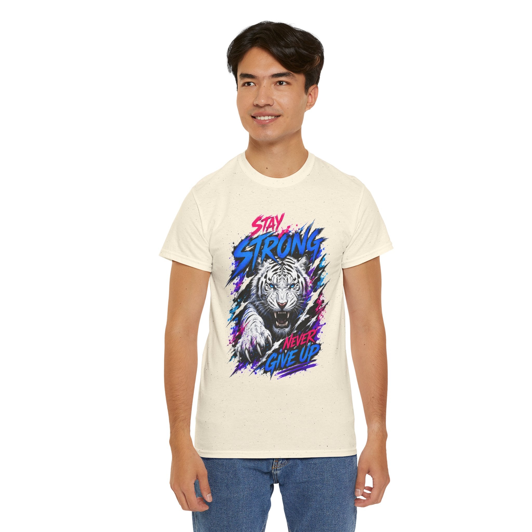 Stay Strong Never Give Up Tiger T-Shirt | White Tiger Graphic Tee | Motivational Unisex Shirt | Inspirational Animal Tee | Gift for Tiger Lovers
