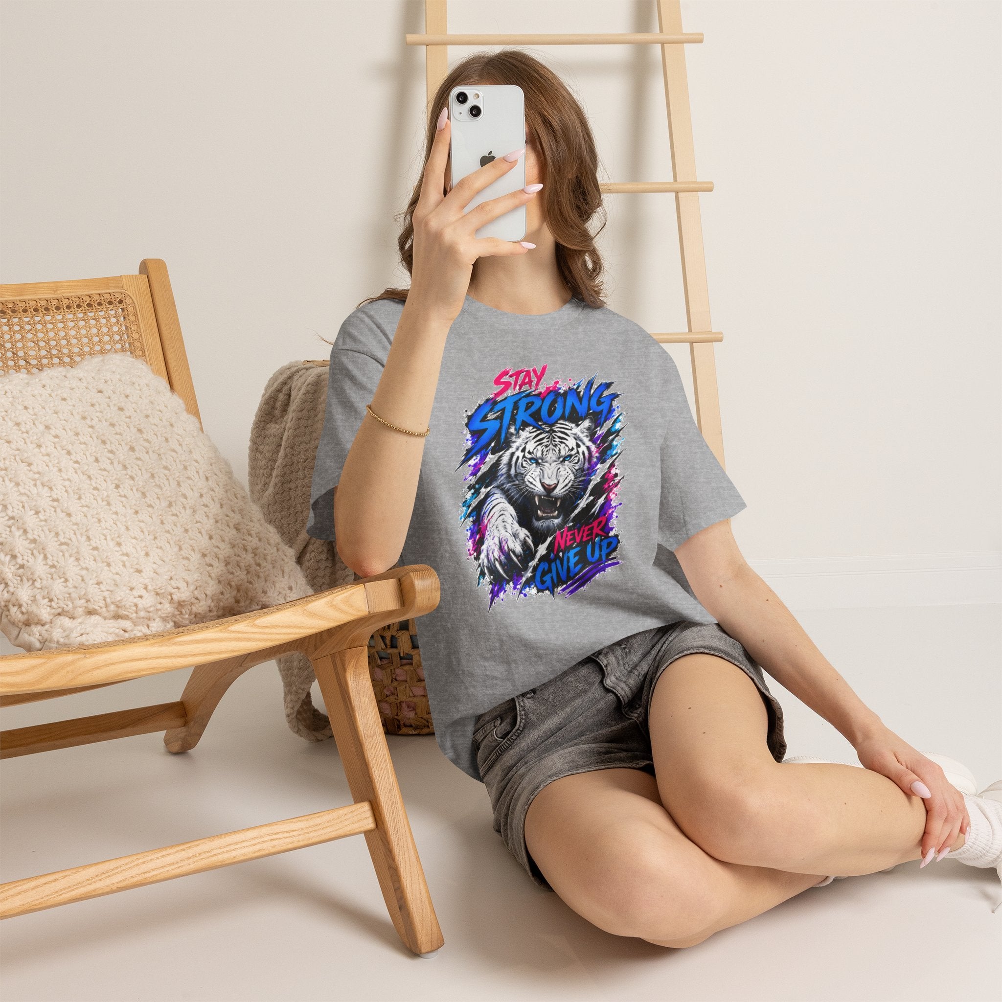 Stay Strong Never Give Up Tiger T-Shirt | White Tiger Graphic Tee | Motivational Unisex Shirt | Inspirational Animal Tee | Gift for Tiger Lovers