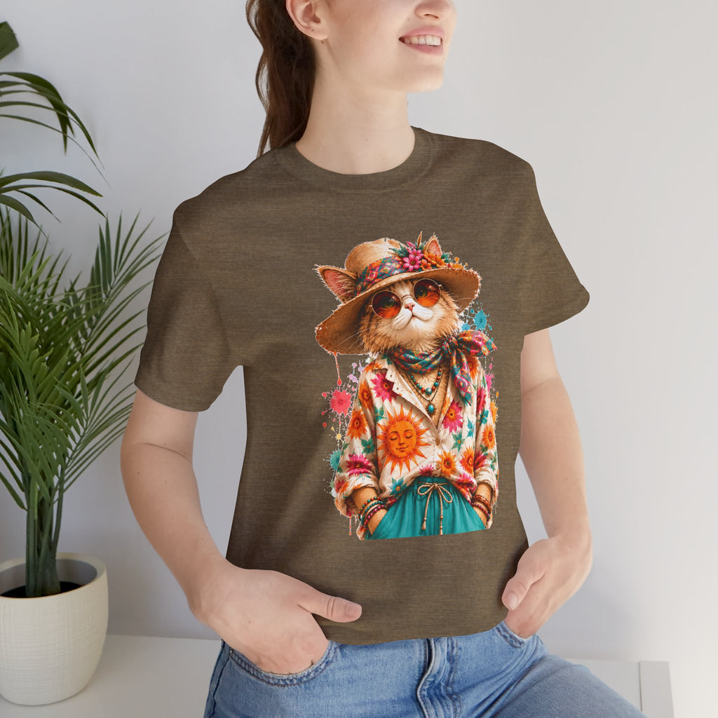 Boho Cat Graphic Tee — Floral Hat & Sunshine Cat T-Shirt