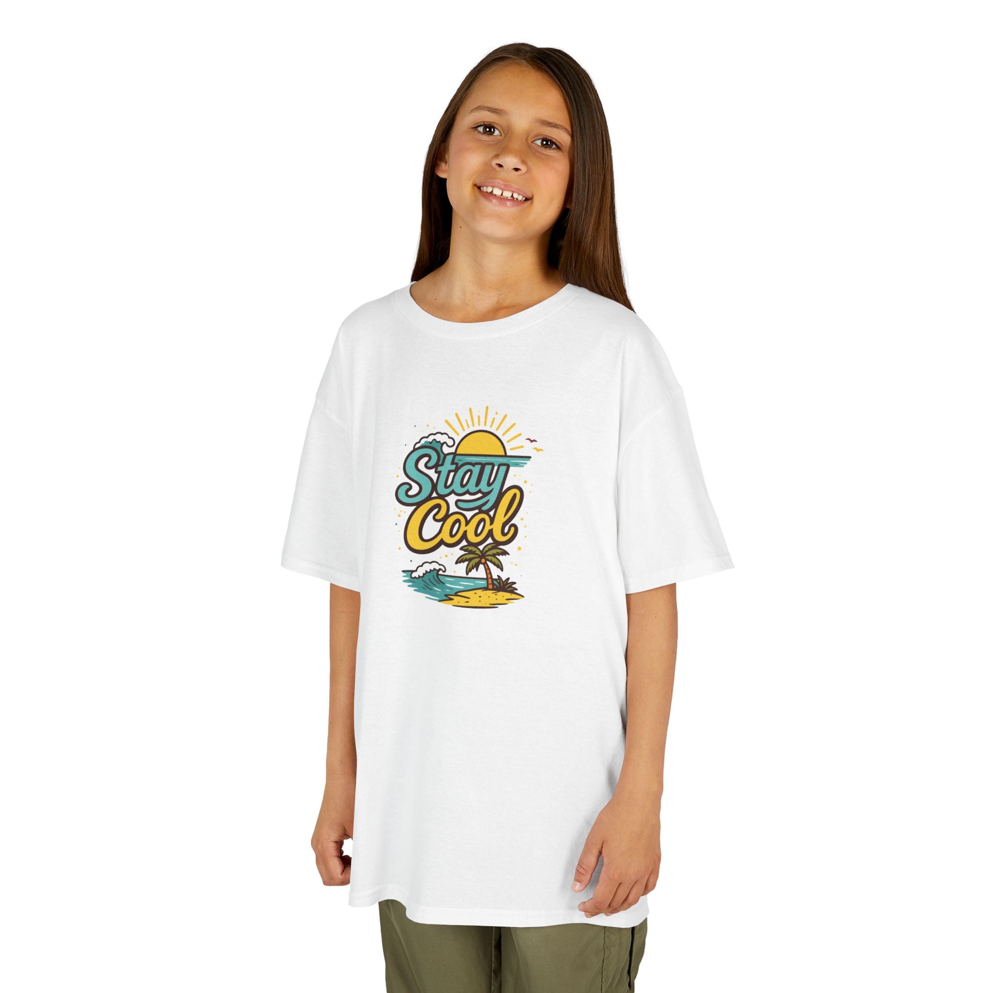 Kids "Stay Cool" Beach Graphic Tee — Tropical Sun & Palm Vacation Shirt