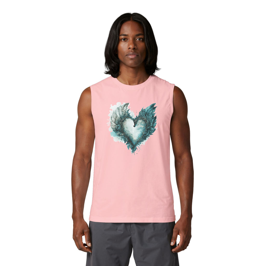 Angel Wing Heart Muscle Tank, Watercolor Winged Heart Shirt, Men's Graphic Tank Top, Aesthetic Heart Wings Tank