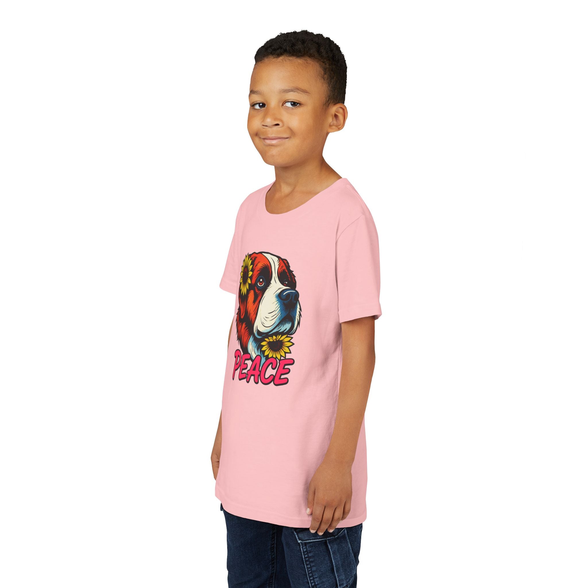 Youth Tee — Saint Bernard Dog with Sunflowers "Peace" Graphic