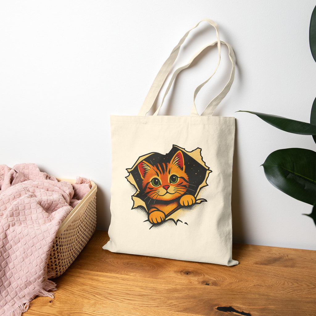 Cat Peeking Tote Bag — Cute Kitten Canvas Grocery & Book Bag