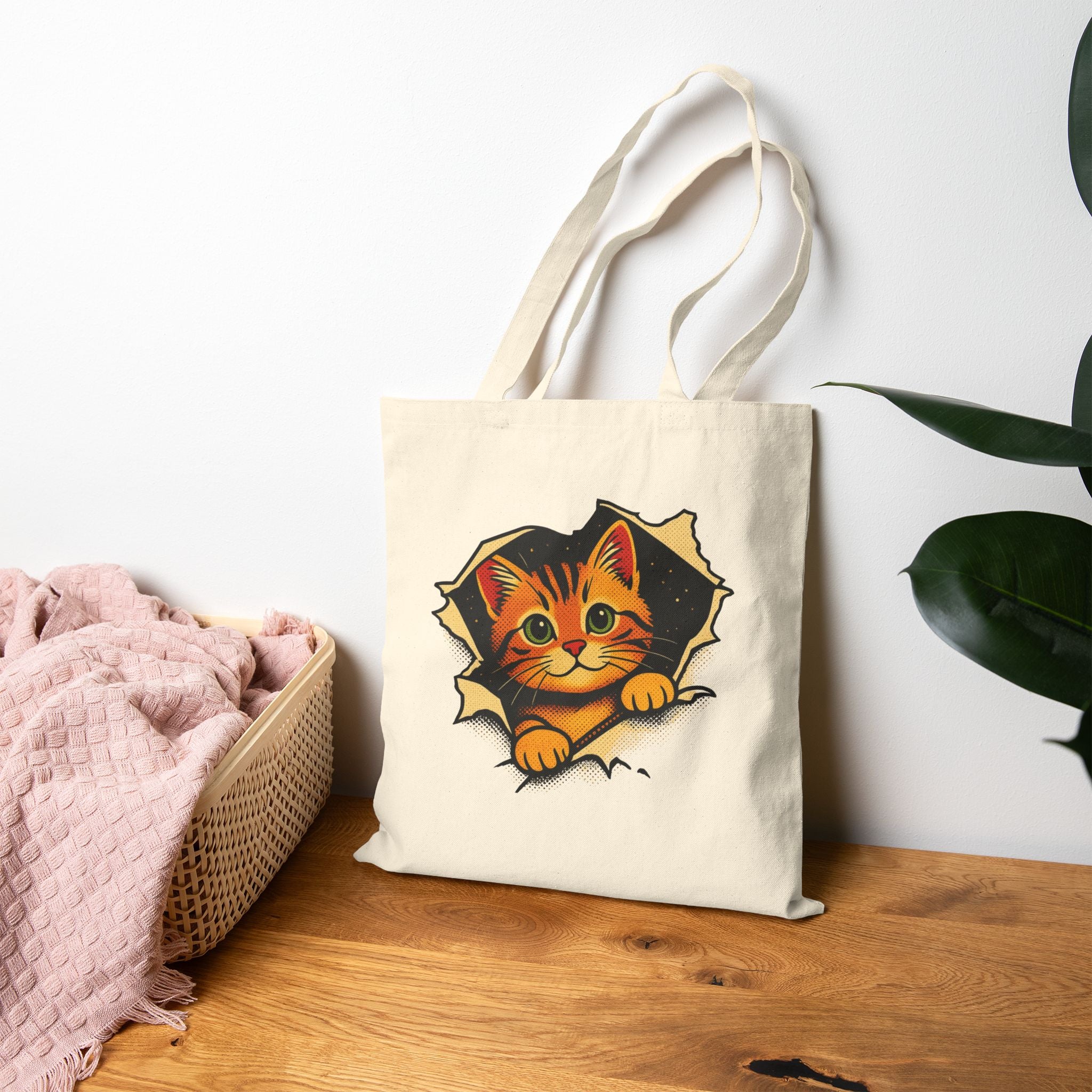 Cat Peeking Tote Bag — Cute Kitten Canvas Grocery & Book Bag
