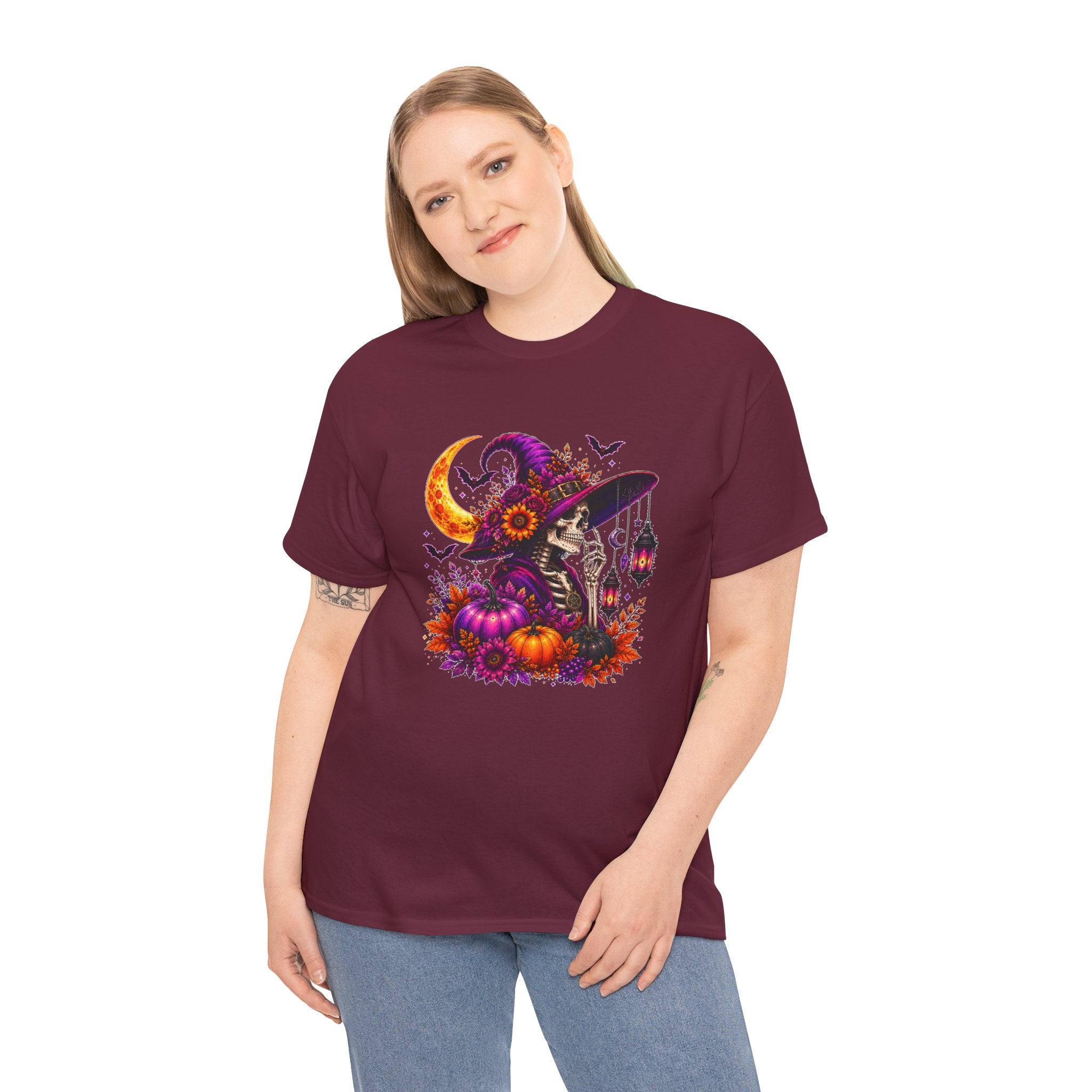 Halloween Witch Skeleton T-Shirt, Spooky Pumpkin Moon Tee, Gothic Fall Graphic Shirt, Halloween Gift for Her