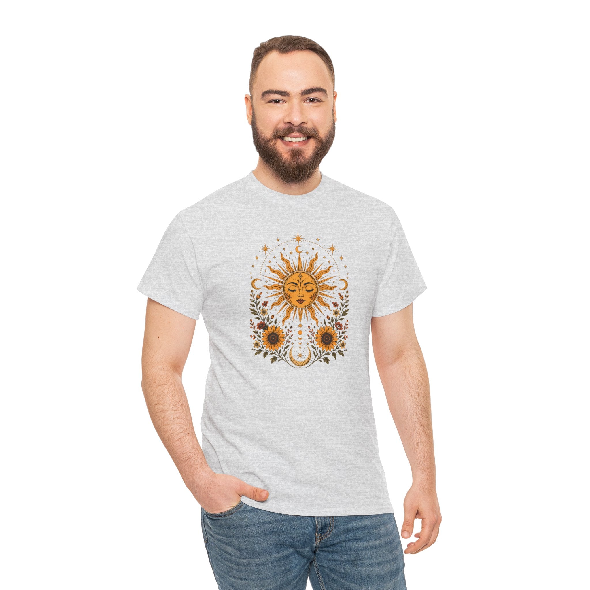 Sun & Sunflower Graphic T-Shirt, Boho Celestial Tee, Vintage Sun Shirt, Spiritual Aesthetic Top, Gift for Her