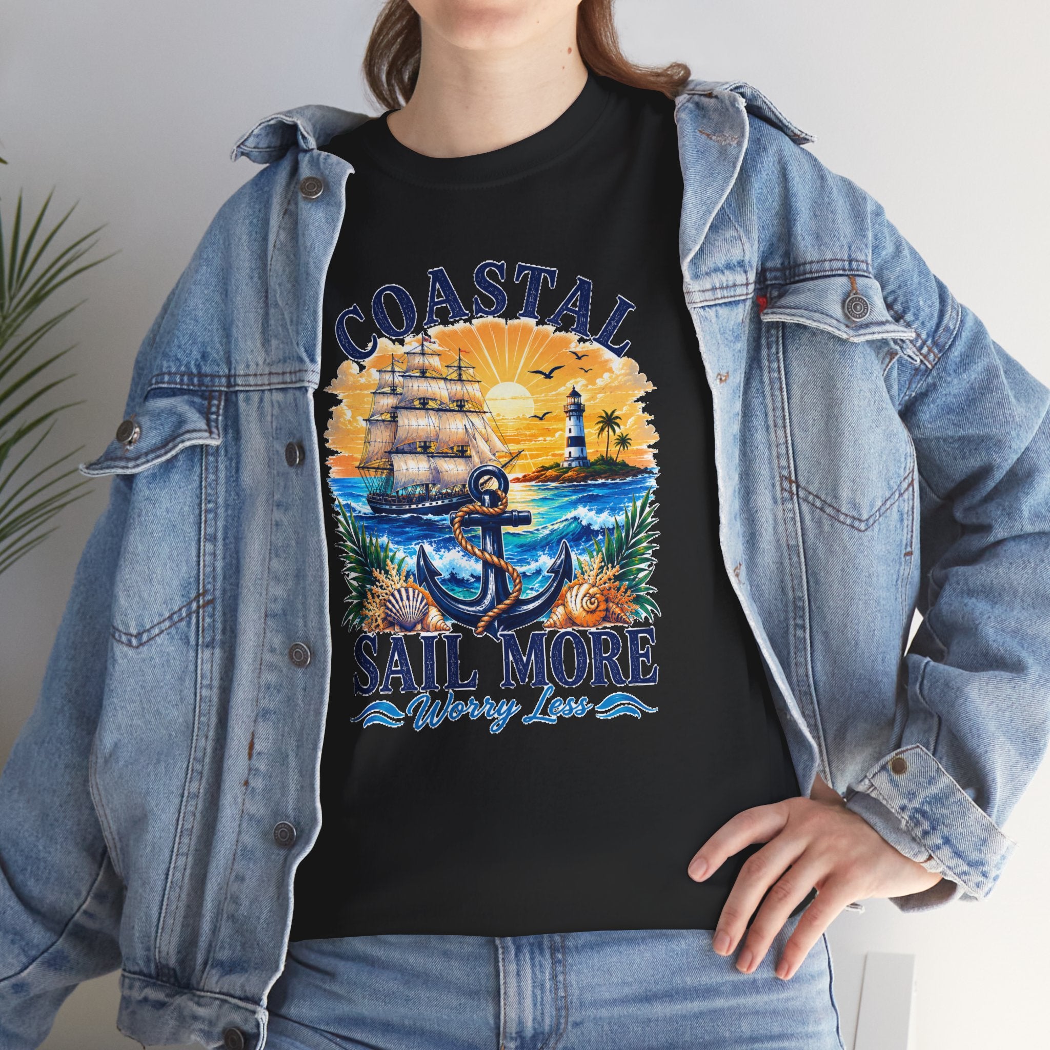 Coastal Sail More Worry Less T-Shirt | Nautical Beach Graphic Tee | Sailing Lover Shirt | Ocean Sunset Gift