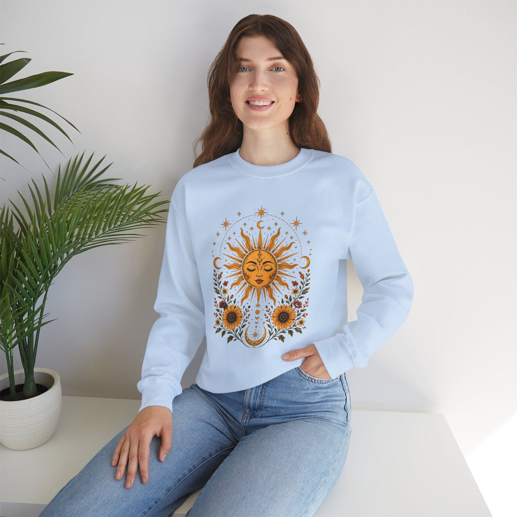 Sun & Sunflower Crewneck Sweatshirt, Boho Celestial Sweatshirt, Vintage Sun Graphic, Cozy Unisex Pullover, Gift for Her
