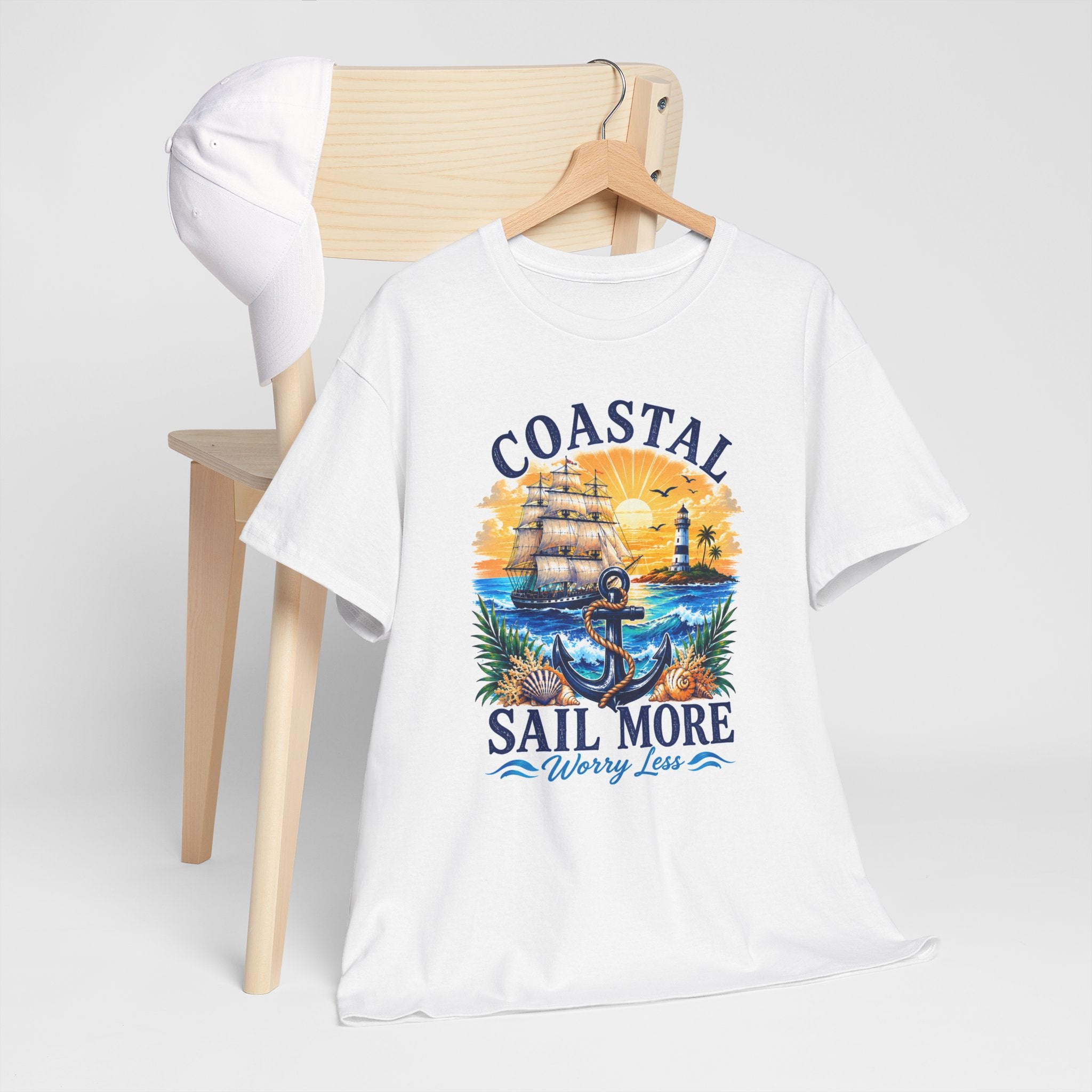Coastal Sail More Worry Less T-Shirt | Nautical Beach Graphic Tee | Sailing Lover Shirt | Ocean Sunset Gift