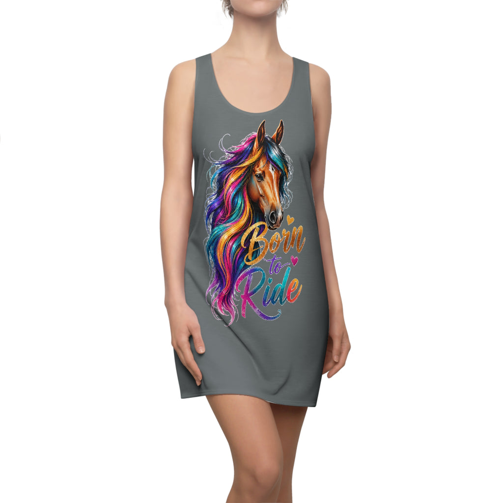 Colorful Horse Racerback Dress, Born to Ride Dress, Horse Lover Gift, Equestrian Summer Dress, Rainbow Horse Graphic Dress, Women's Casual Tank Dress