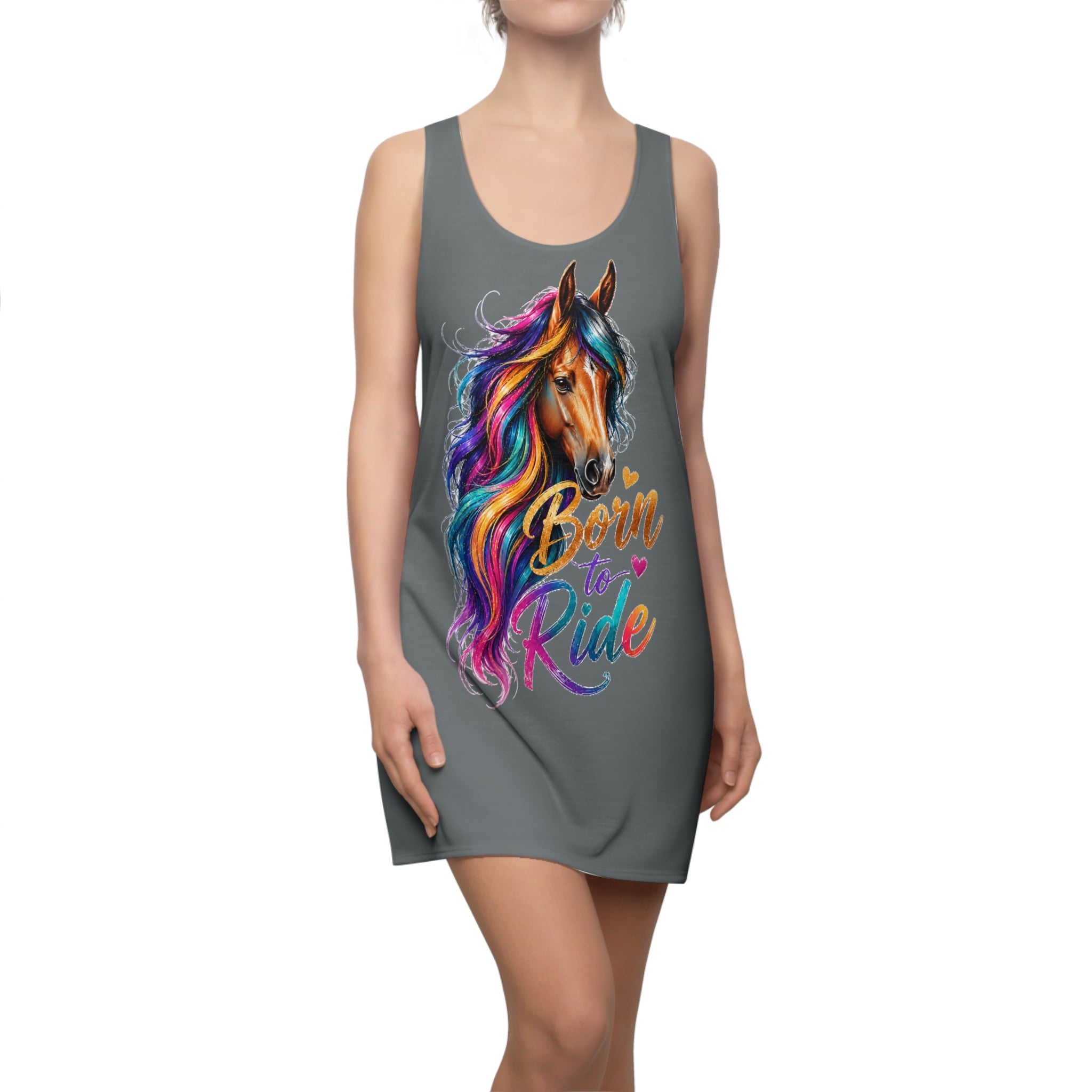 Colorful Horse Racerback Dress, Born to Ride Dress, Horse Lover Gift, Equestrian Summer Dress, Rainbow Horse Graphic Dress, Women's Casual Tank Dress