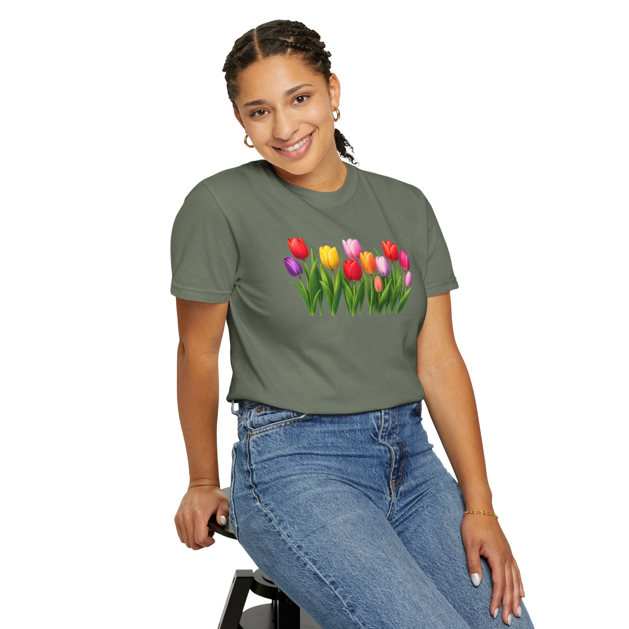 Colorful Tulip Shirt, Floral T-Shirt for Women, Botanical Graphic Tee, Spring Garden Shirt, Comfort Colors Tee