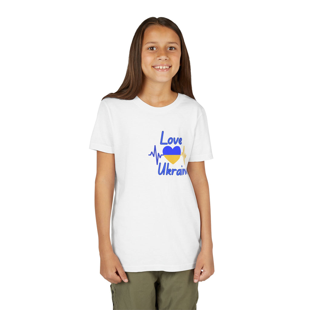 Love Ukraine Youth Tee — Blue & Yellow Heart Kids Shirt (Support Ukraine)