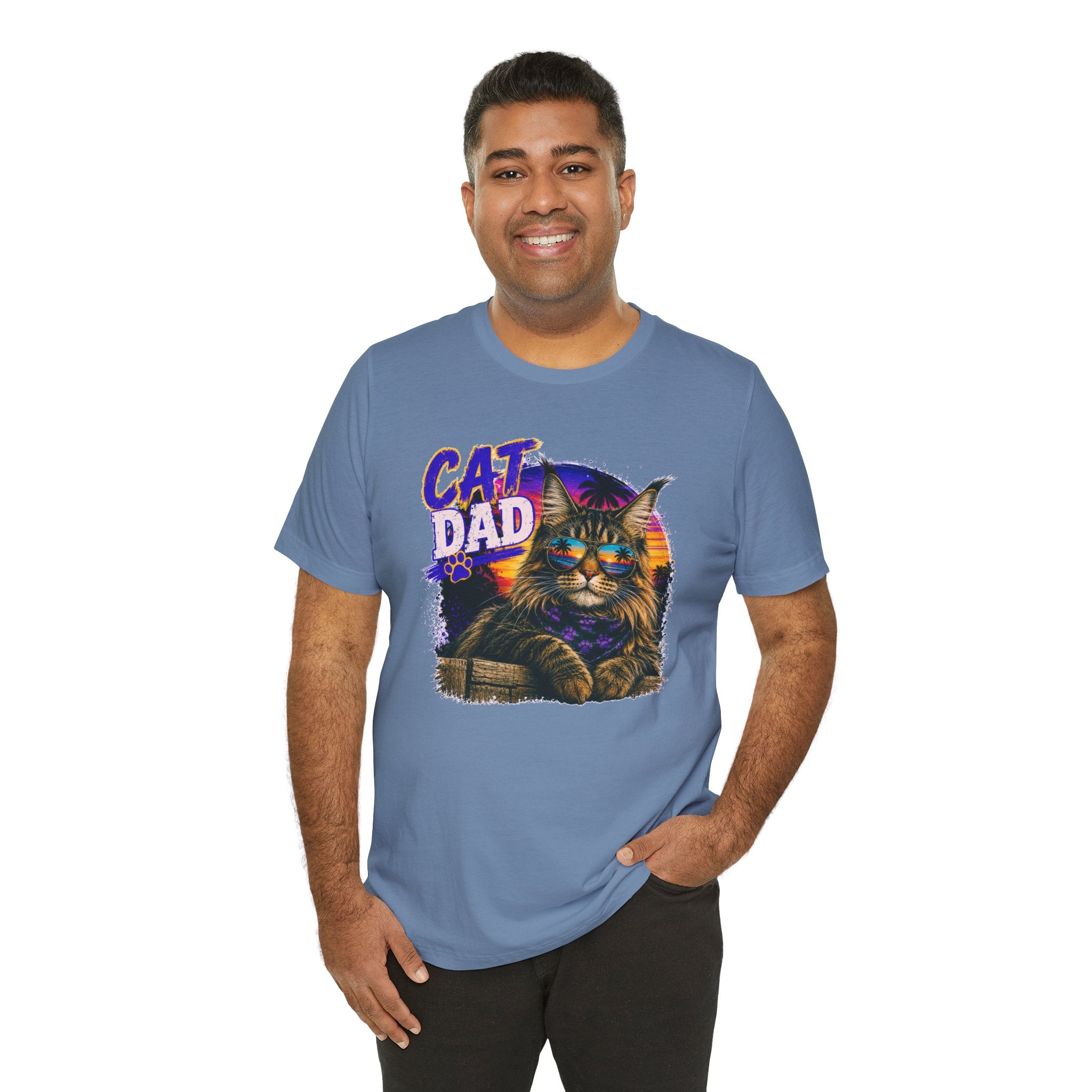 Cat Dad Maine Coon T-Shirt | Retro Sunset Cat Lover Shirt | Funny Cat Dad Gift | Vintage Graphic Tee for Men