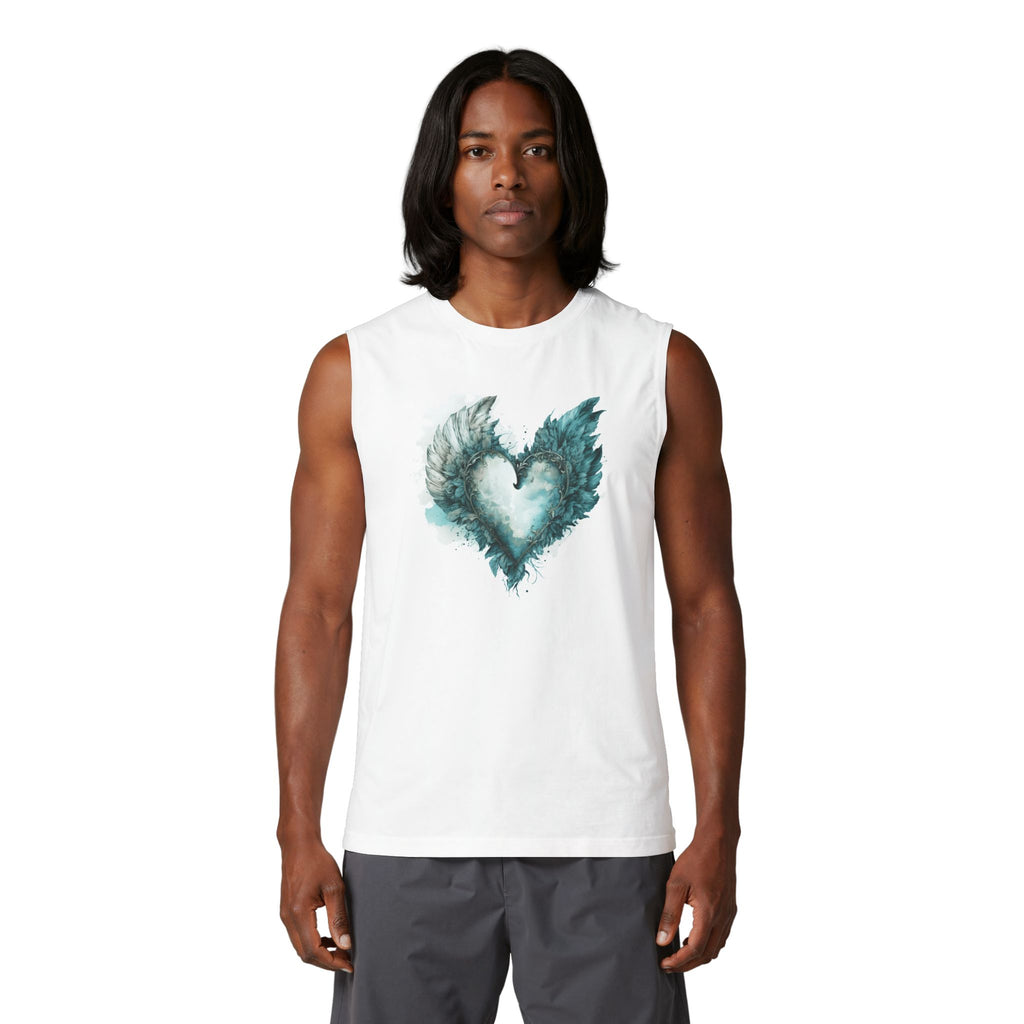 Angel Wing Heart Muscle Tank, Watercolor Winged Heart Shirt, Men's Graphic Tank Top, Aesthetic Heart Wings Tank