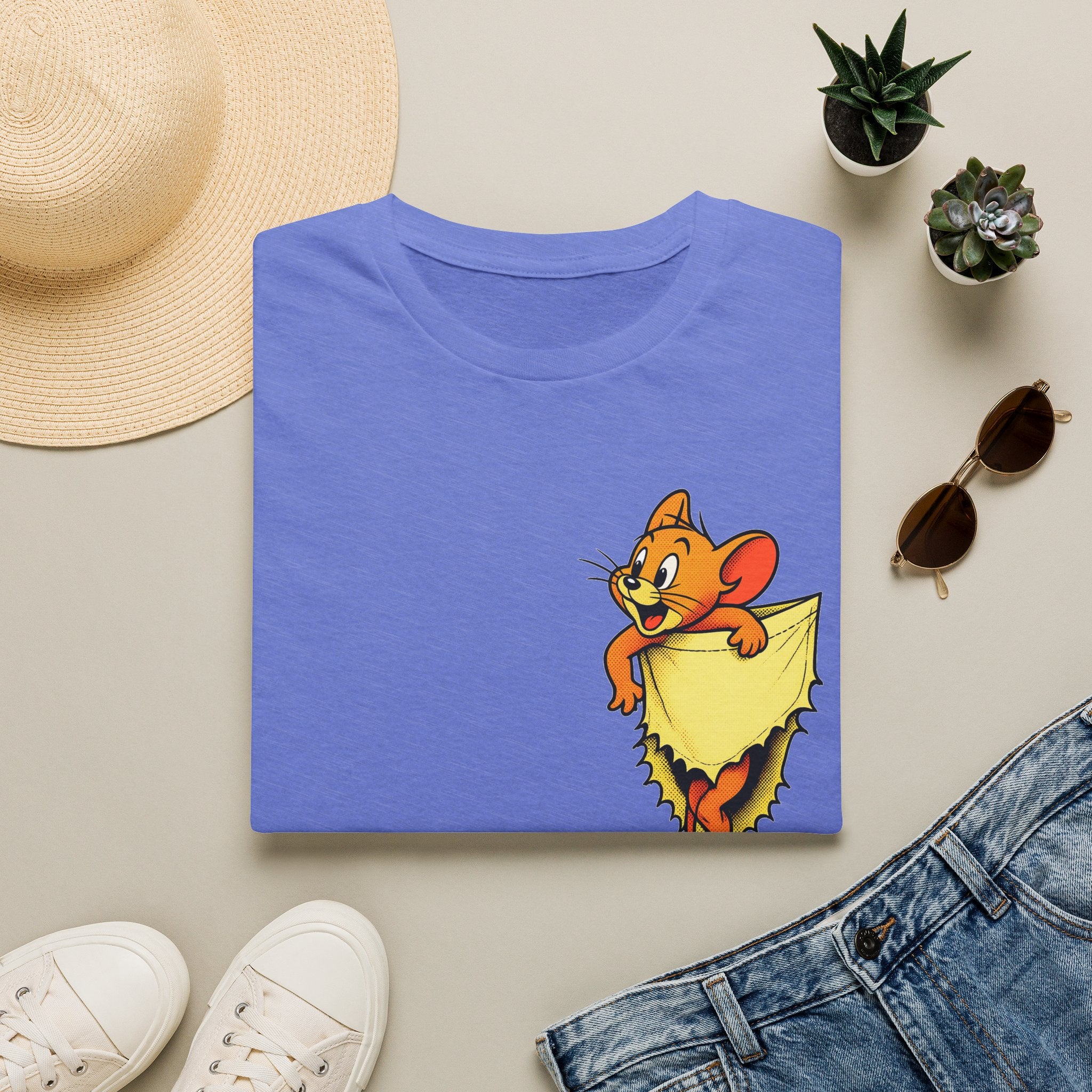 Jerry Pocket Tee — Cute Cartoon Mouse Peeking From Cheese T-Shirt
