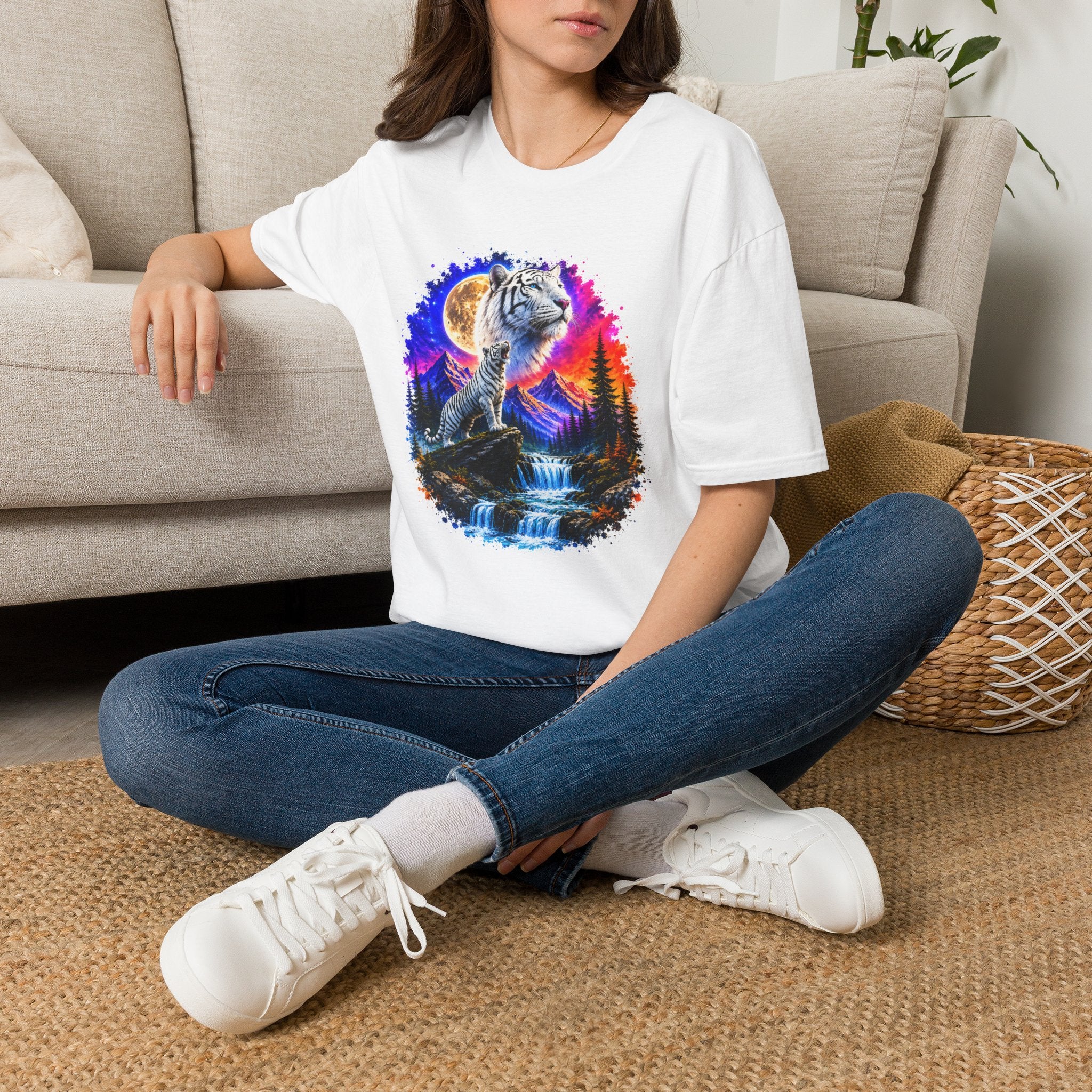 White Tiger Moon T-Shirt | Colorful Wildlife Graphic Tee | Big Cat Lover Gift | Nature Shirt