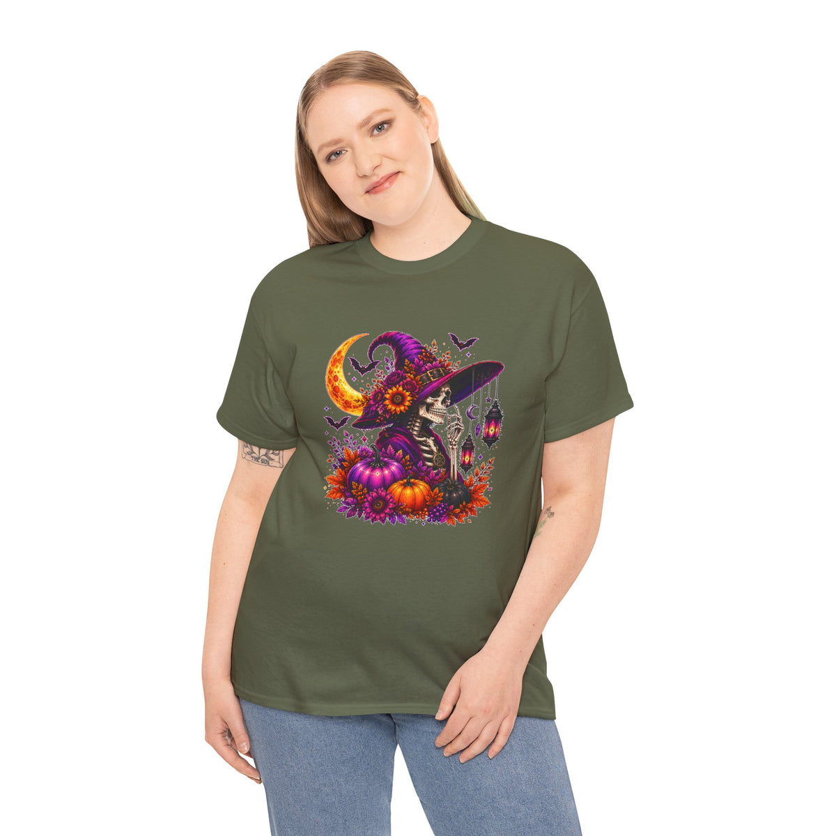 Halloween Witch Skeleton T-Shirt, Spooky Pumpkin Moon Tee, Gothic Fall Graphic Shirt, Halloween Gift for Her