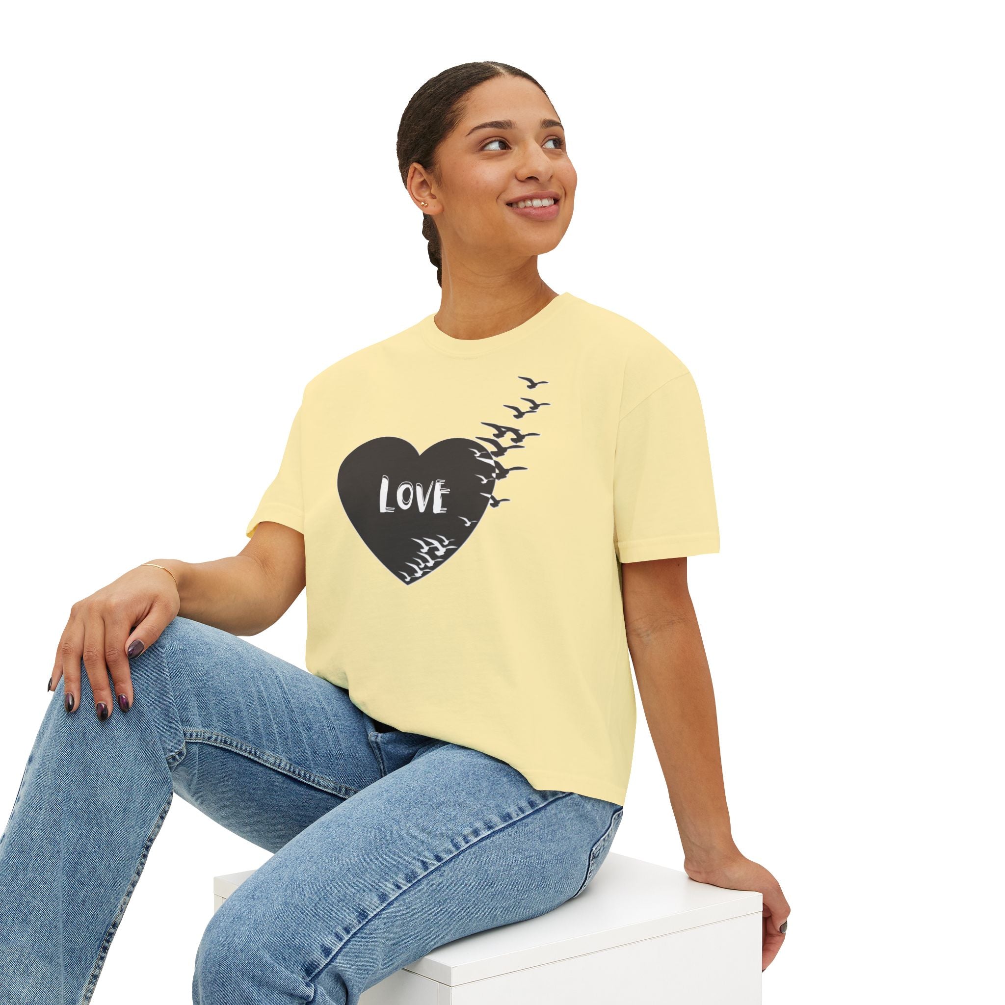 Love Bird Heart Boxy Tee — Women's Casual Graphic Shirt