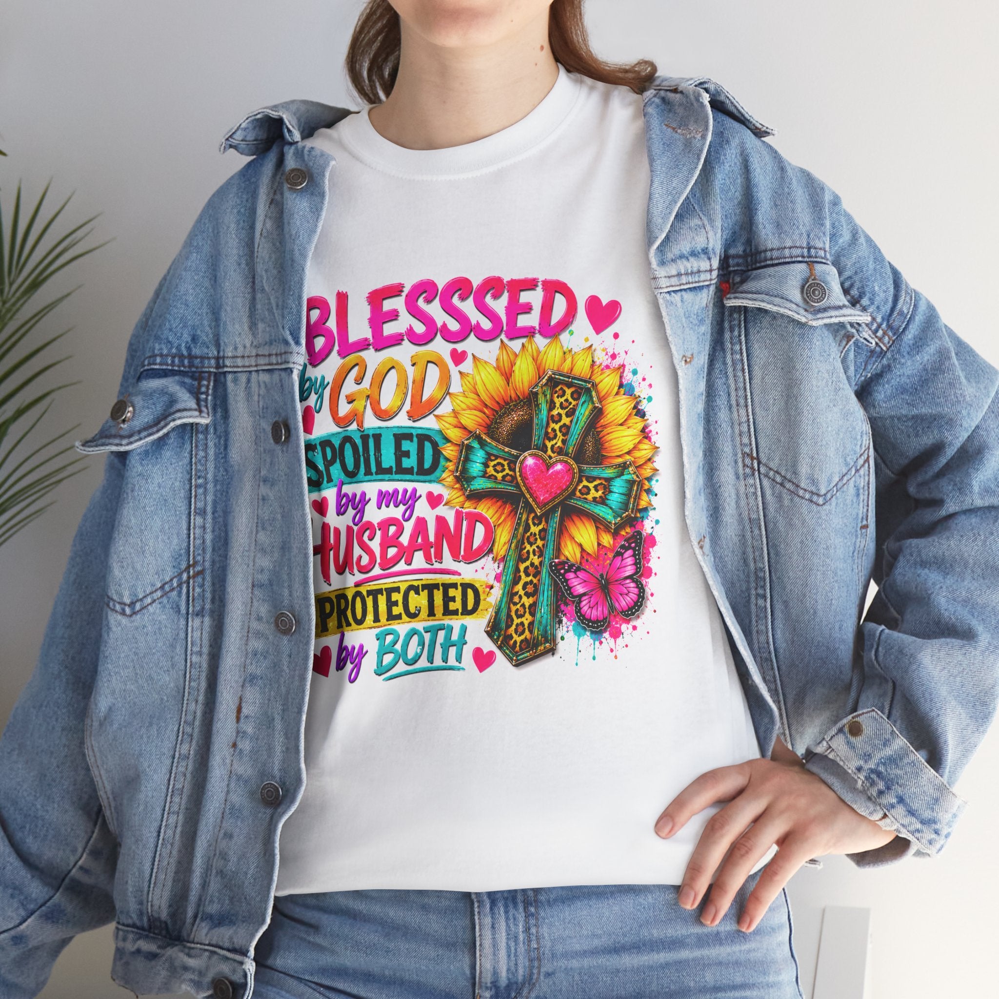 Blessed by God Spoiled by My Husband Tee — Christian Cross Floral Women's Shirt