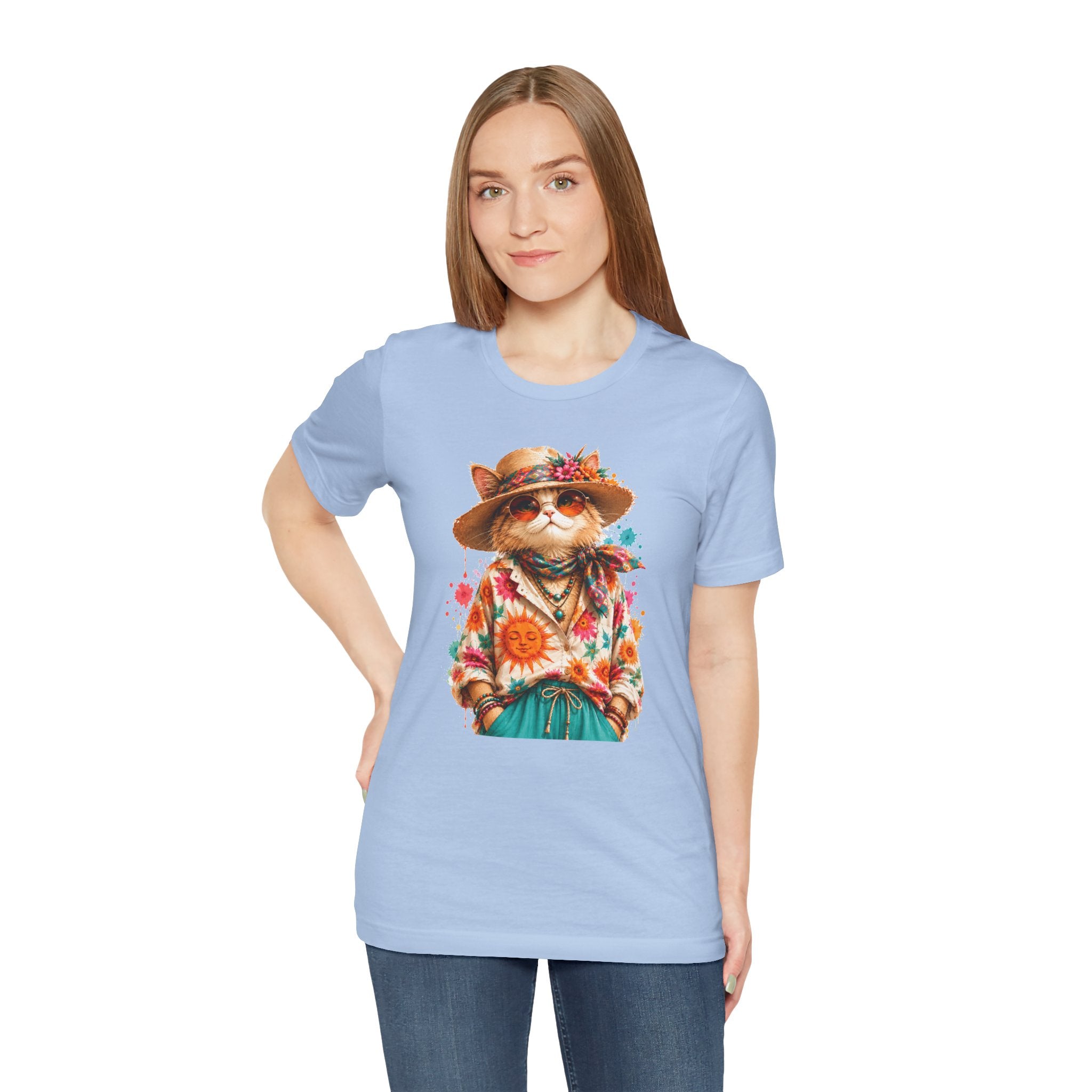 Boho Cat Graphic Tee — Floral Hat & Sunshine Cat T-Shirt