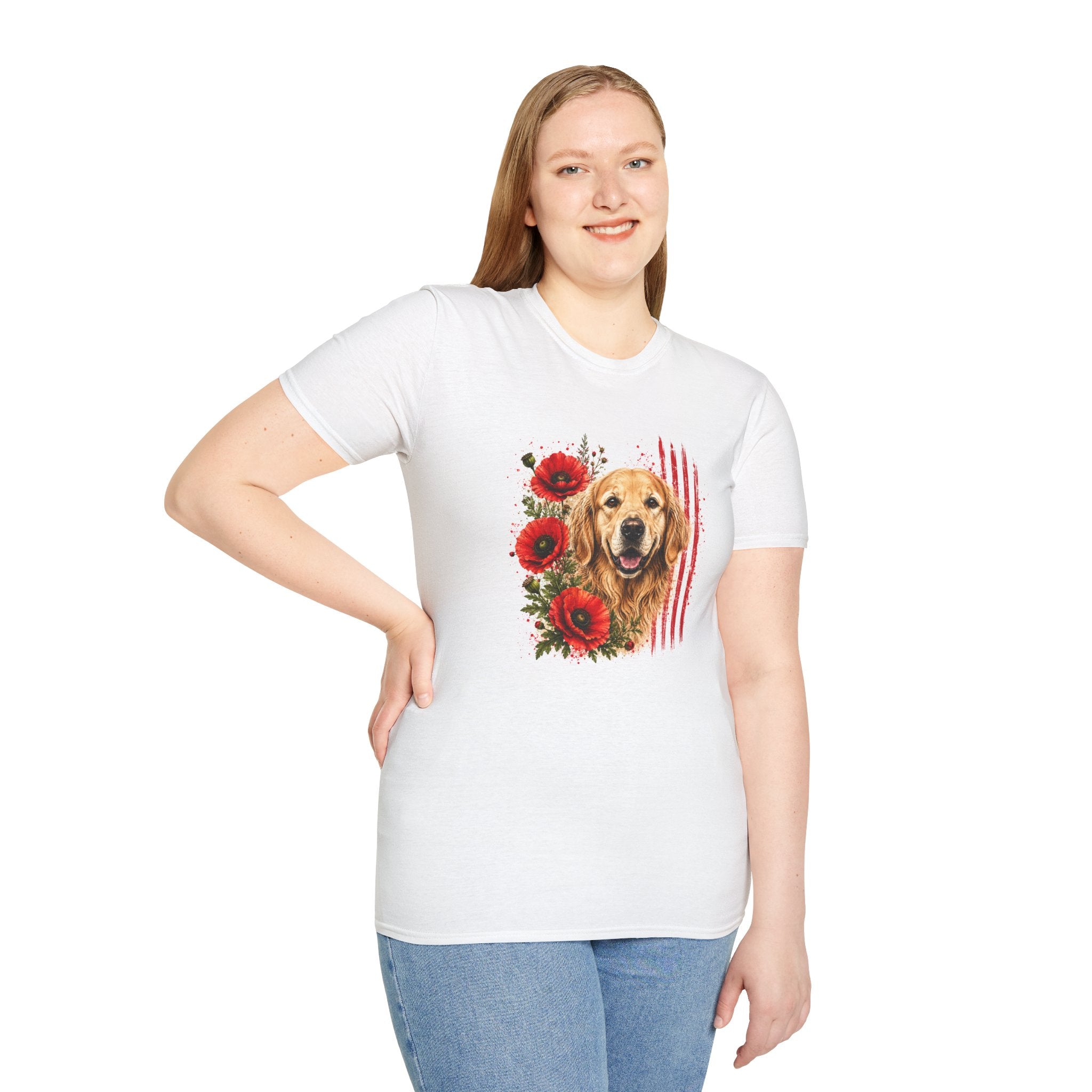 Golden Retriever Poppy T-Shirt | Patriotic Dog Lover Shirt | Golden Retriever Mom Gift | Floral Dog Graphic Tee | Unisex USA Shirt