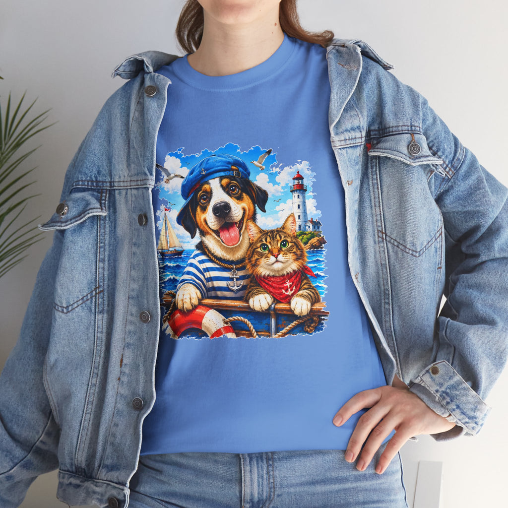 Nautical Dog & Cat T-Shirt | Sailor Pet Graphic Tee | Coastal Animal Lover Shirt | Beach Dog Cat Gift