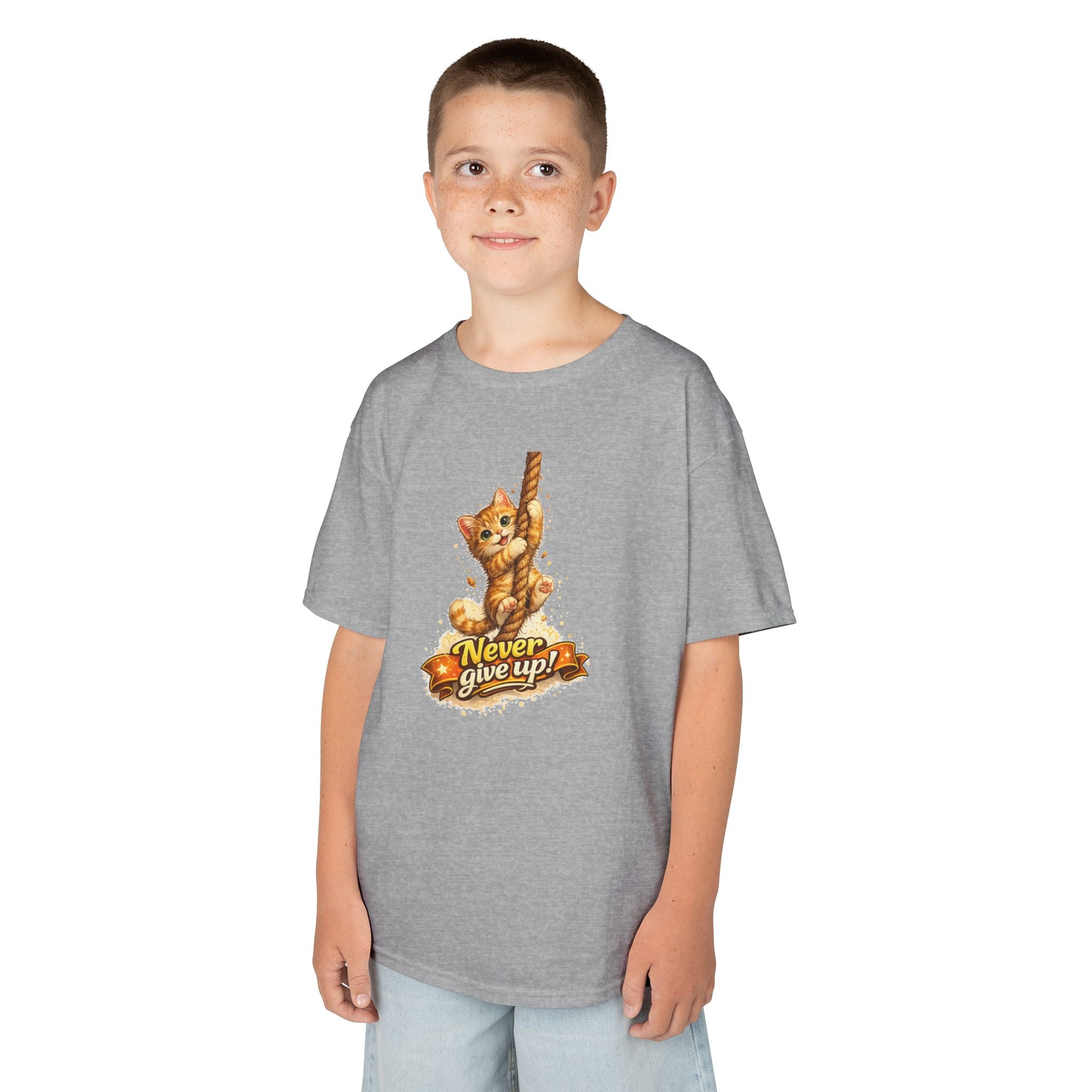 Kids Tee — Cute Climbing Kitten “Never Give Up” Inspirational Shirt