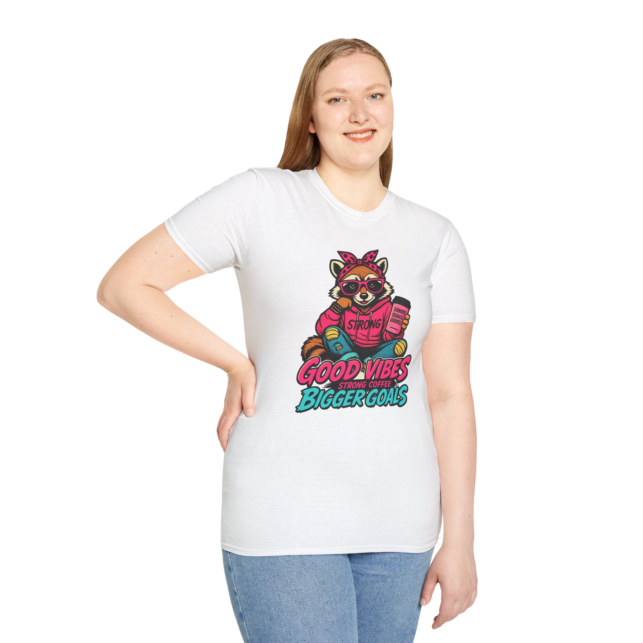 Good Vibes Bigger Goals T-Shirt — Raccoon Coffee Motivation Tee