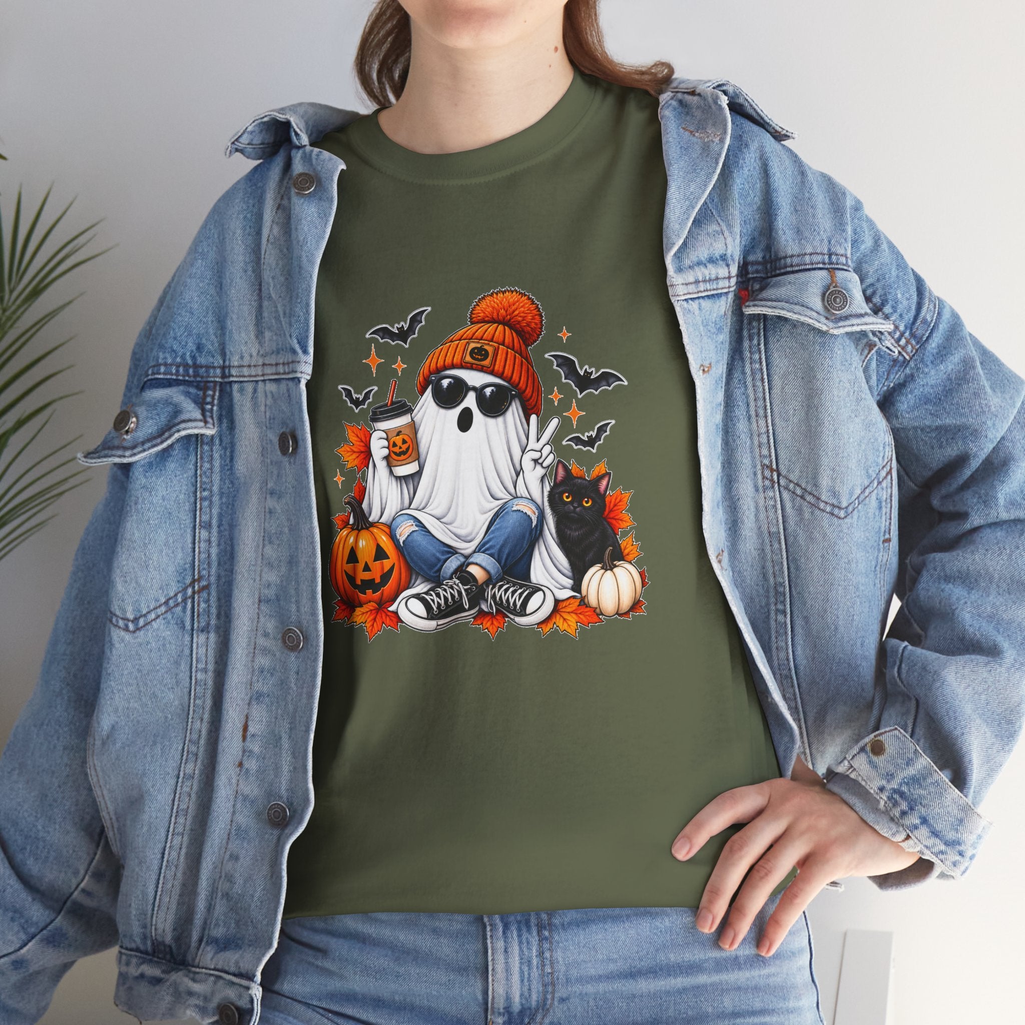 Halloween Ghost T-Shirt, Cute Spooky Pumpkin Cat Tee, Cozy Fall Coffee Graphic Shirt, Halloween Gift for Her