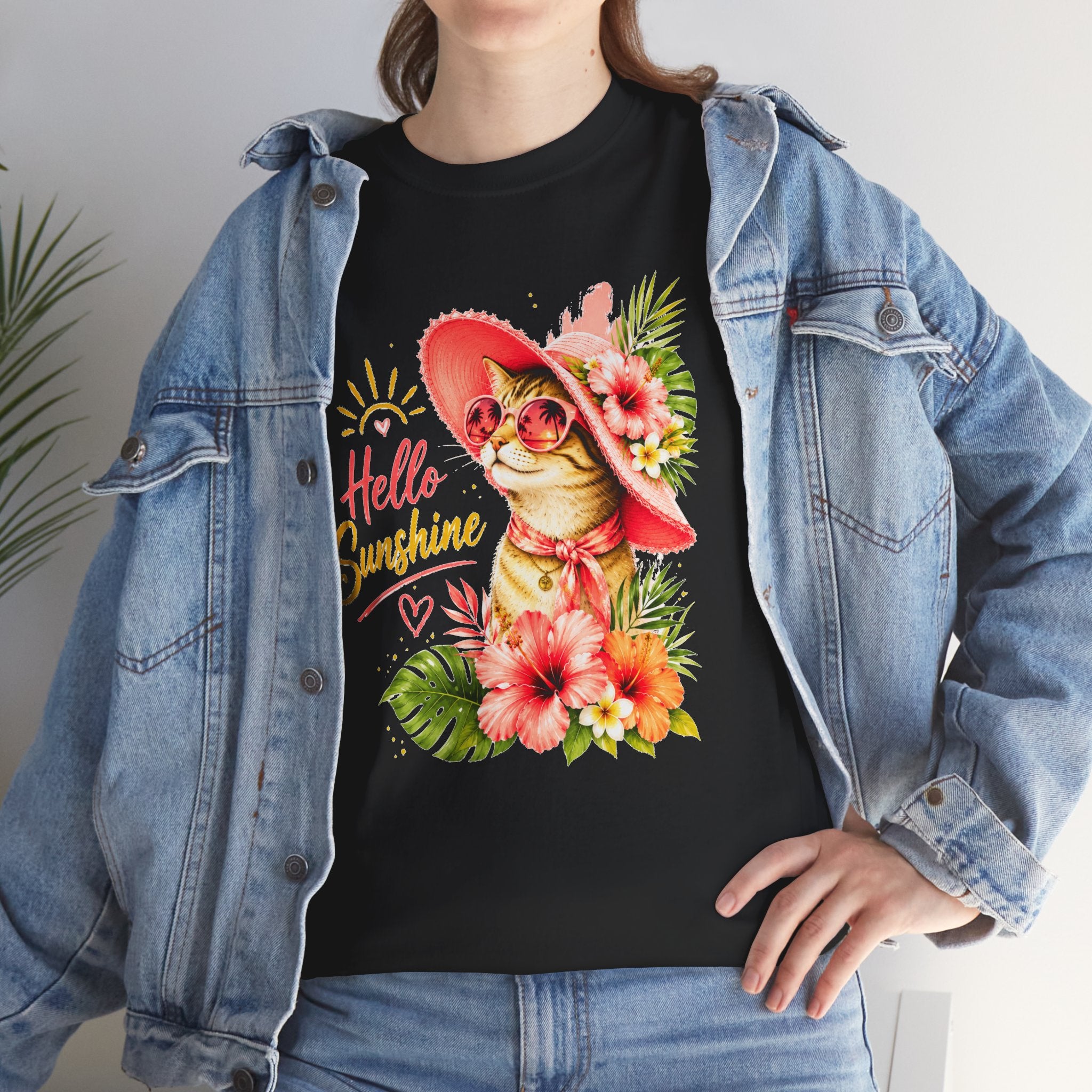 Hello Sunshine Cat Shirt | Cute Floral Cat T-Shirt | Tropical Summer Kitty Tee | Cat Lover Gift | Cute Women's Graphic Tee