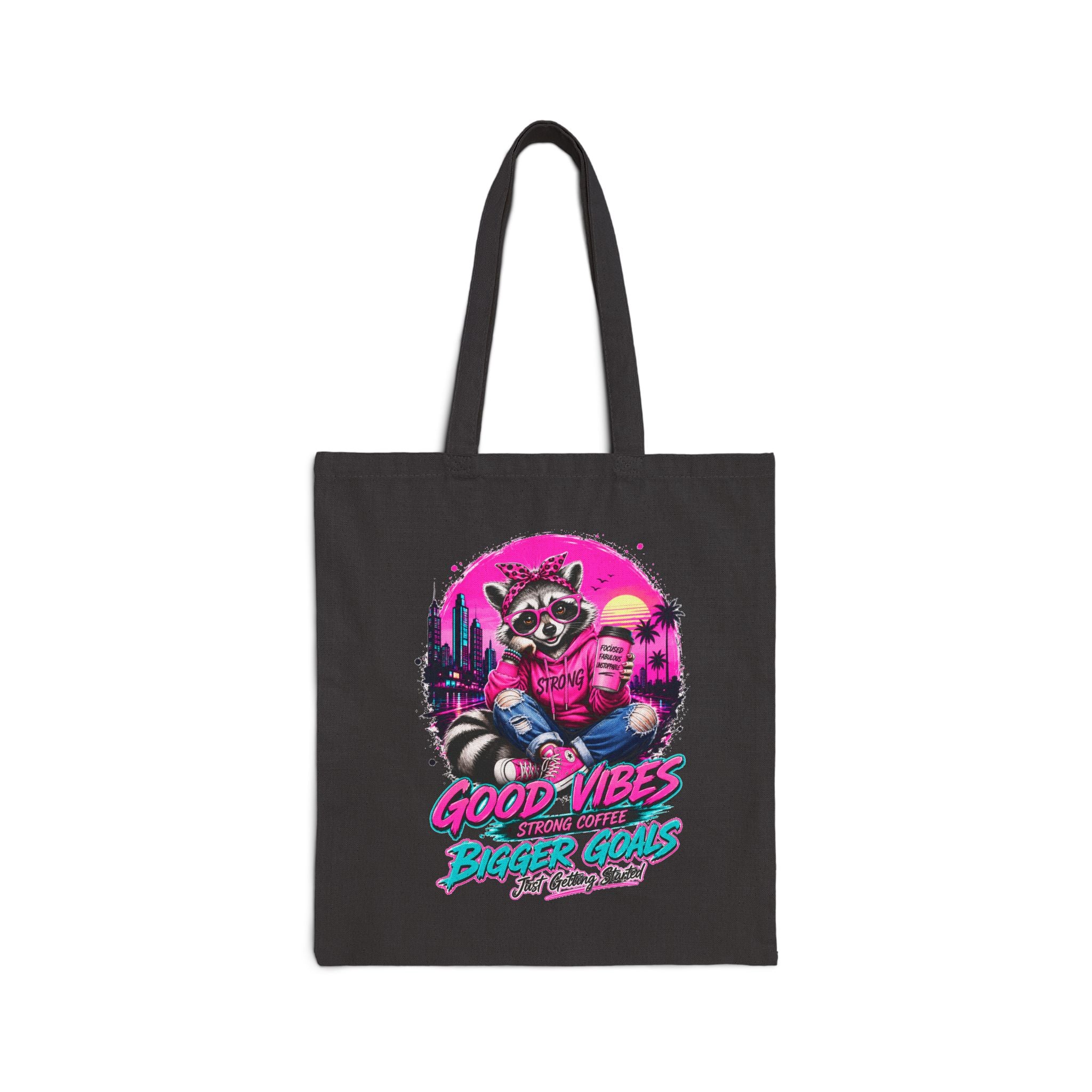 Cute Raccoon Tote Bag, Coffee Lover Gift, Good Vibes Bigger Goals Bag, Funny Reusable Grocery Tote, Aesthetic Canvas Style Shoulder Bag