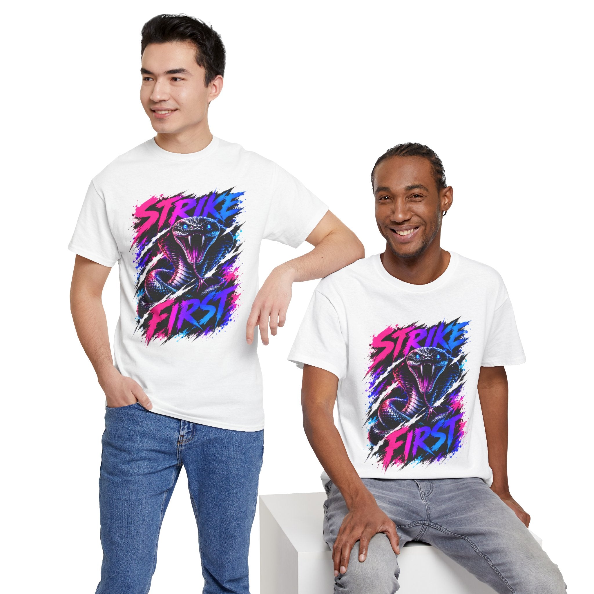 Strike First Cobra T-Shirt | Neon Snake Graphic Tee | Bold Streetwear Shirt | Unisex Graphic Tee