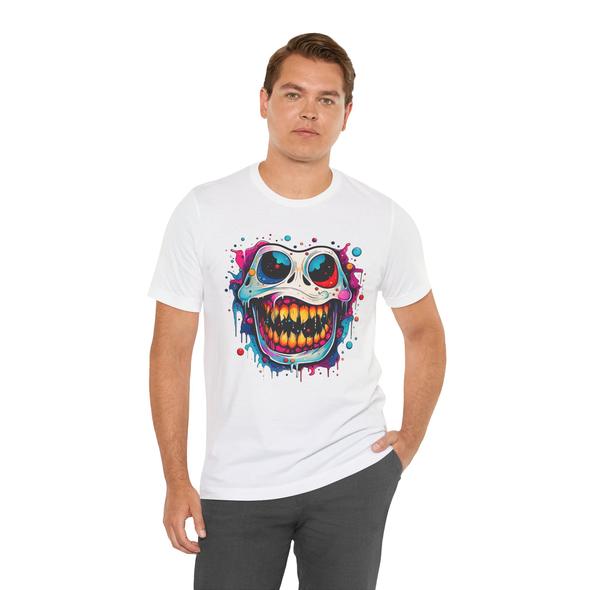 Unisex Skull Smile Tee -Vibrant Neon Drip Horror Graphic T Shirt