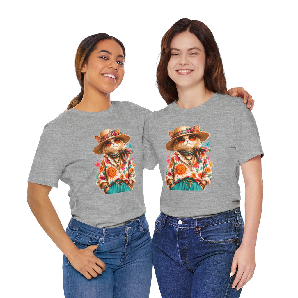 Boho Cat Graphic Tee — Floral Hat & Sunshine Cat T-Shirt