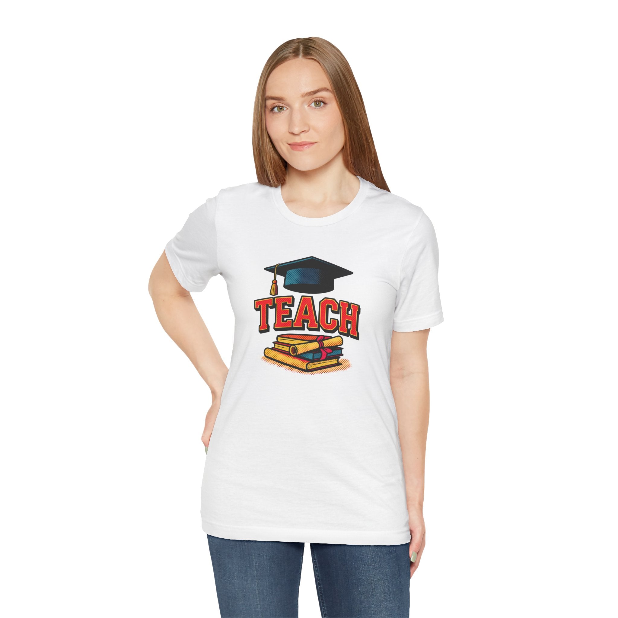 Teach Graduation T‑Shirt — Teacher Gift Tee with Cap & Books Design