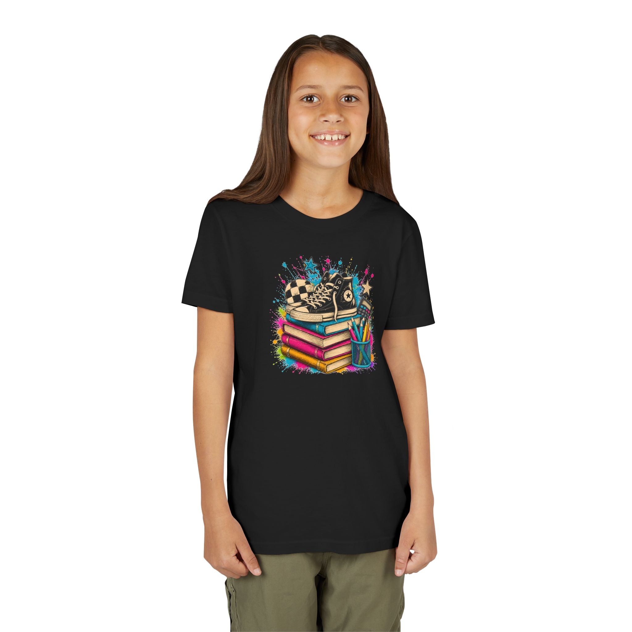 Kids Back-to-School Tee — Colorful Books, Sneakers & Pencils Graphic